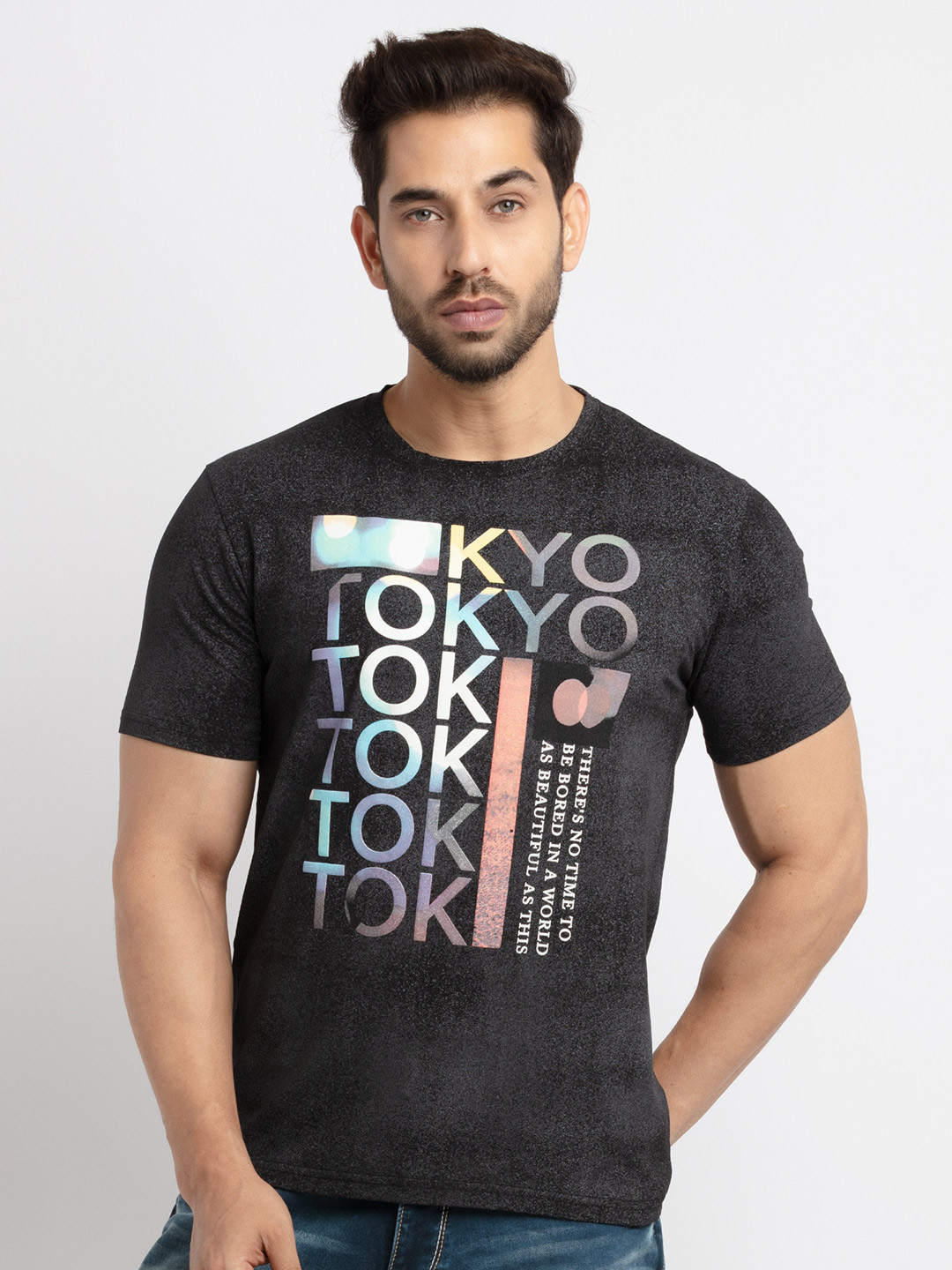 

Status Quo Men Black Typography Printed T-shirt