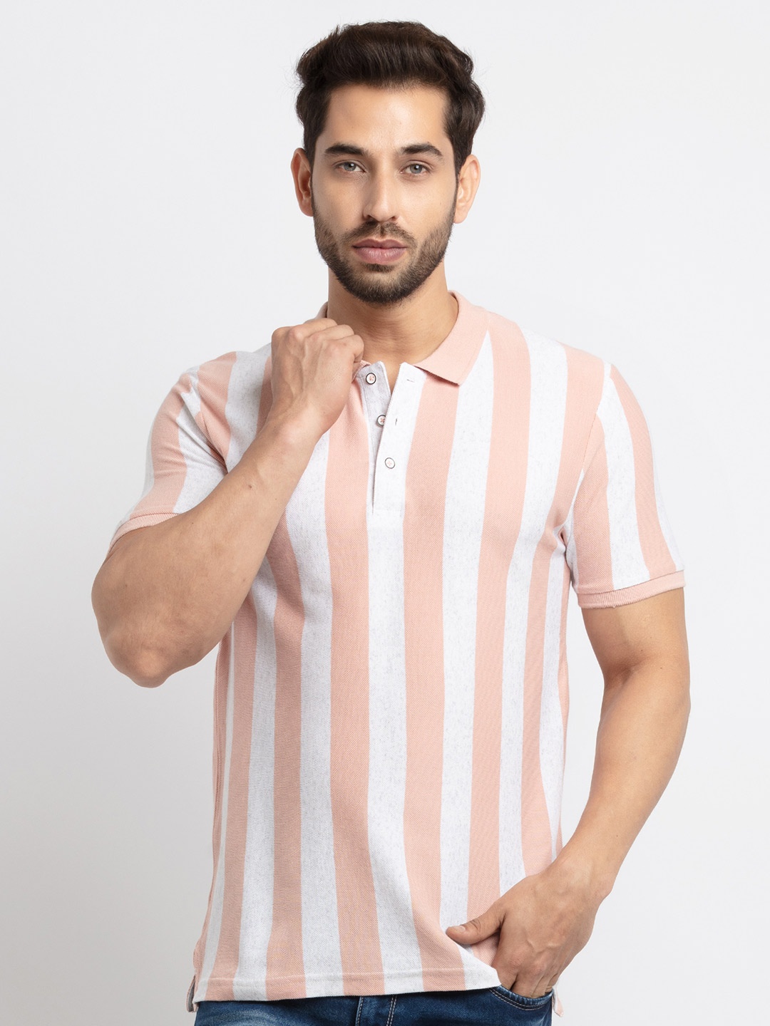 

Status Quo Men Peach & White Striped Cotton Polo Collar T-shirt