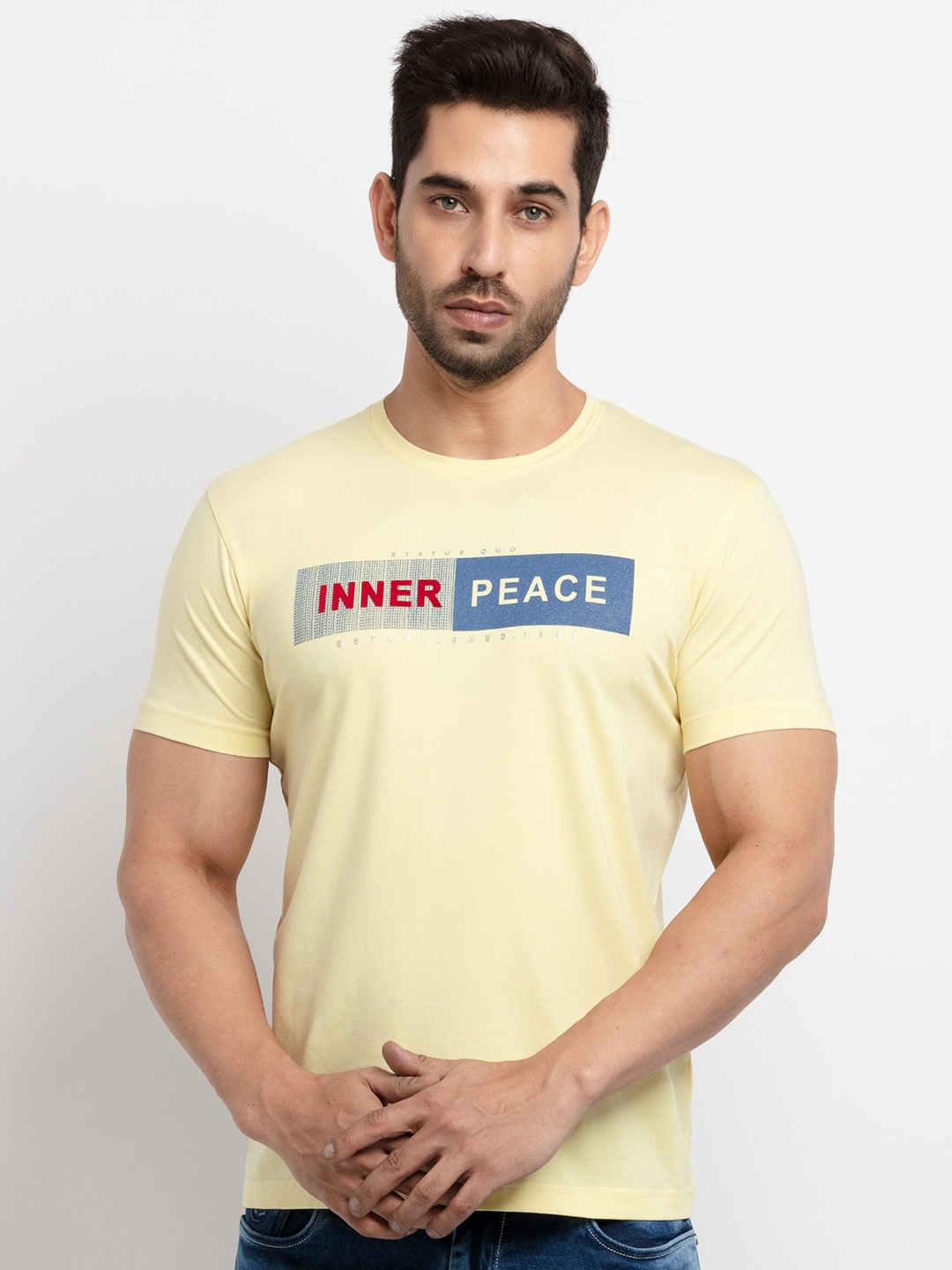 

Status Quo Men Yellow Typography Printed Cotton T-shirt