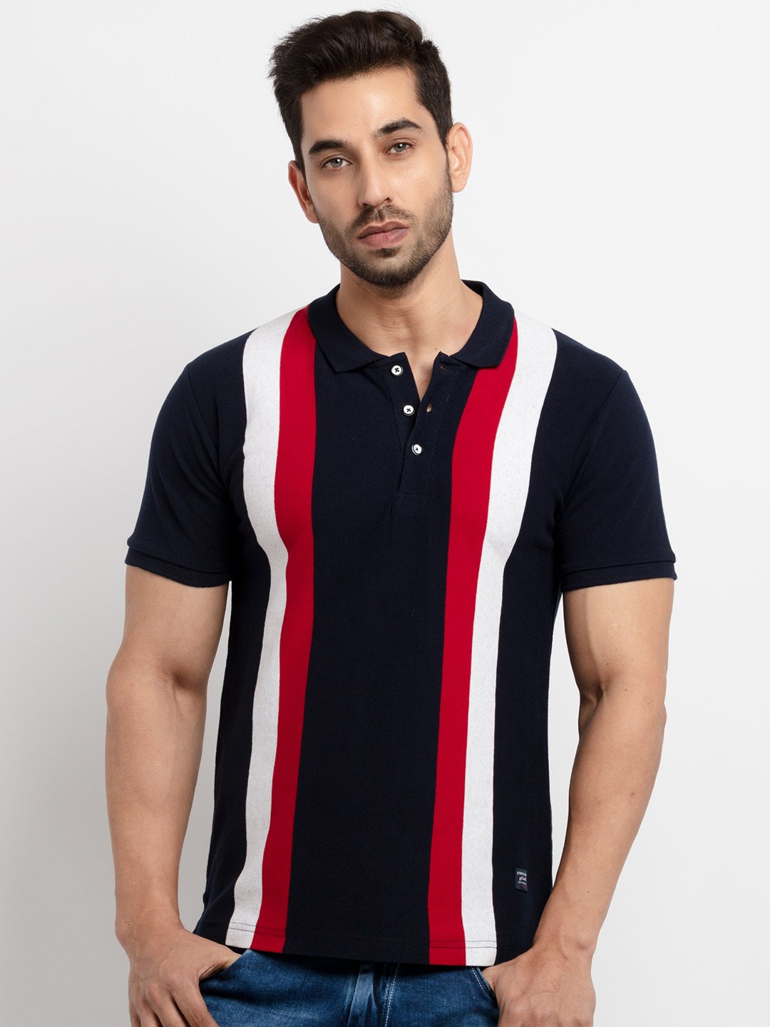 

Status Quo Men Navy Blue Striped Cotton Henley Neck T-shirt