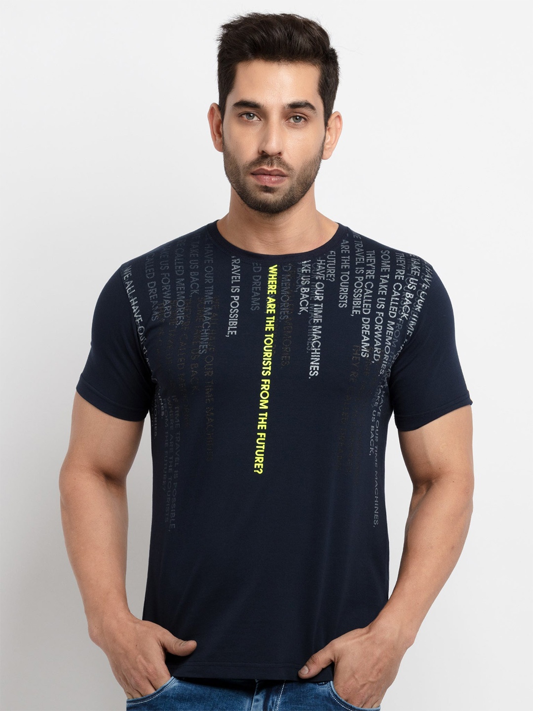 

Status Quo Men Navy Blue Typography Printed Cotton T-shirt