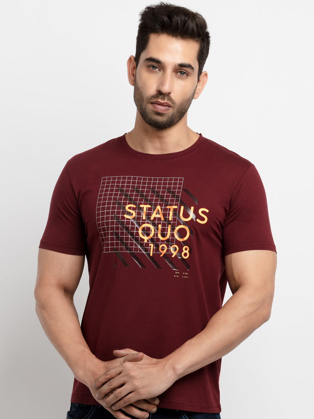 

Status Quo Men Maroon Typography Printed Cotton T-shirt