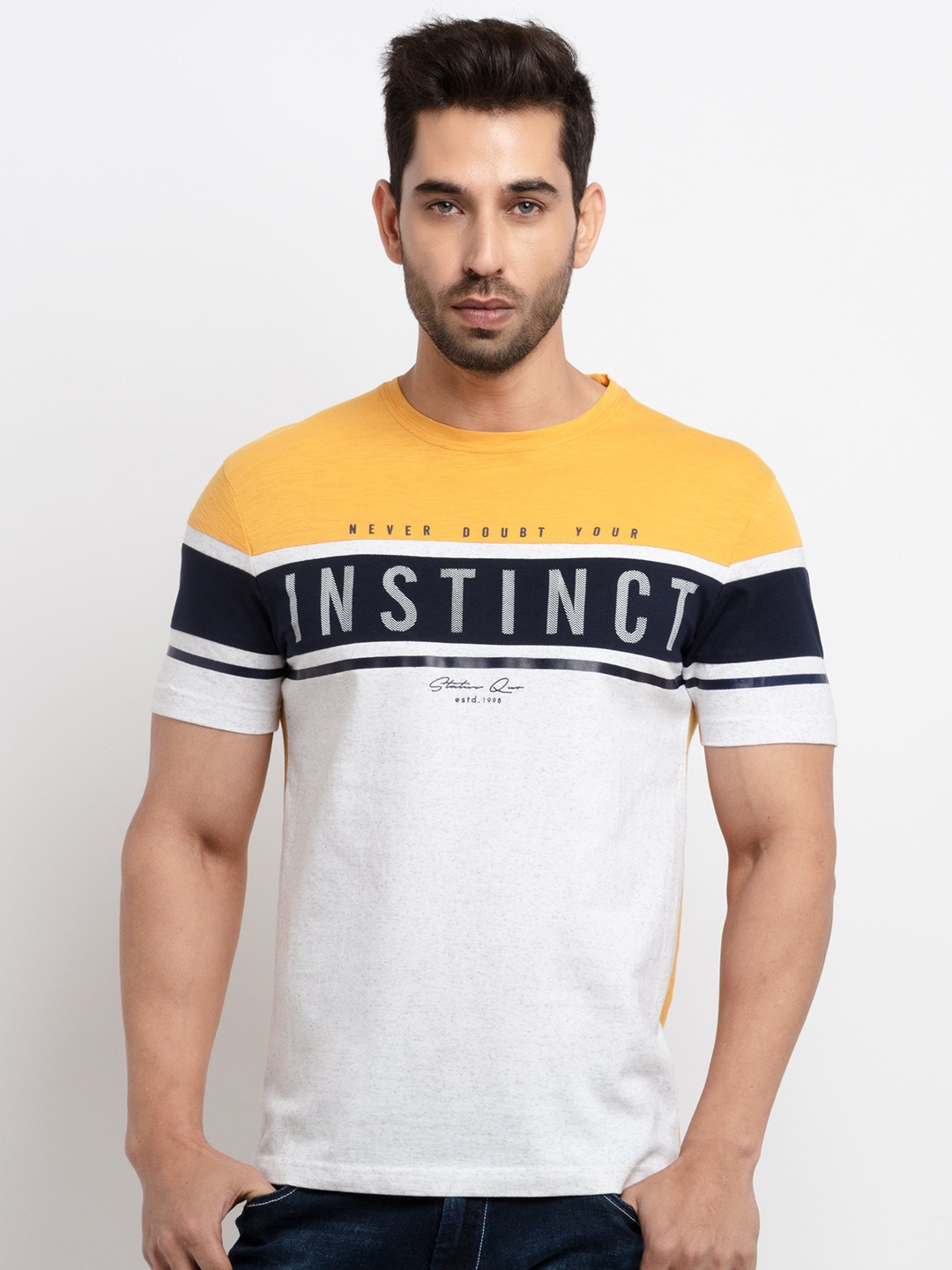 

Status Quo Men Mustard Yellow & White Typography Printed Cotton T-shirt