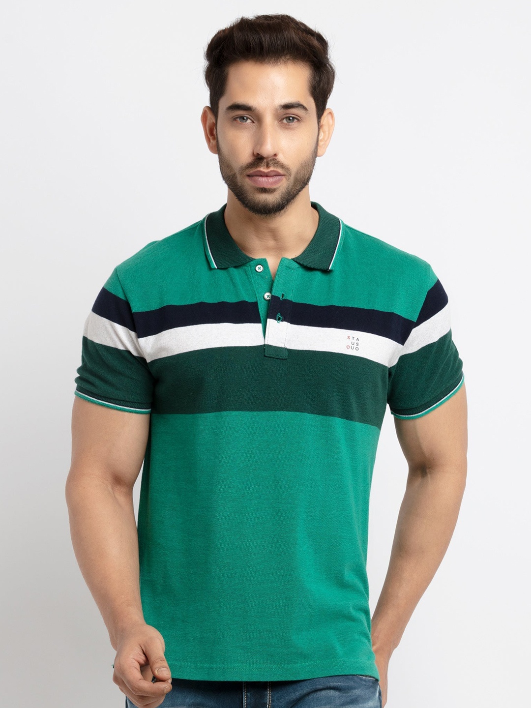 

Status Quo Men Green Striped Cotton Polo Collar T-shirt