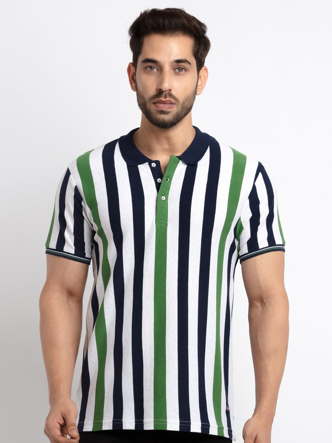 

Status Quo Men Green Striped Polo Collar T-shirt
