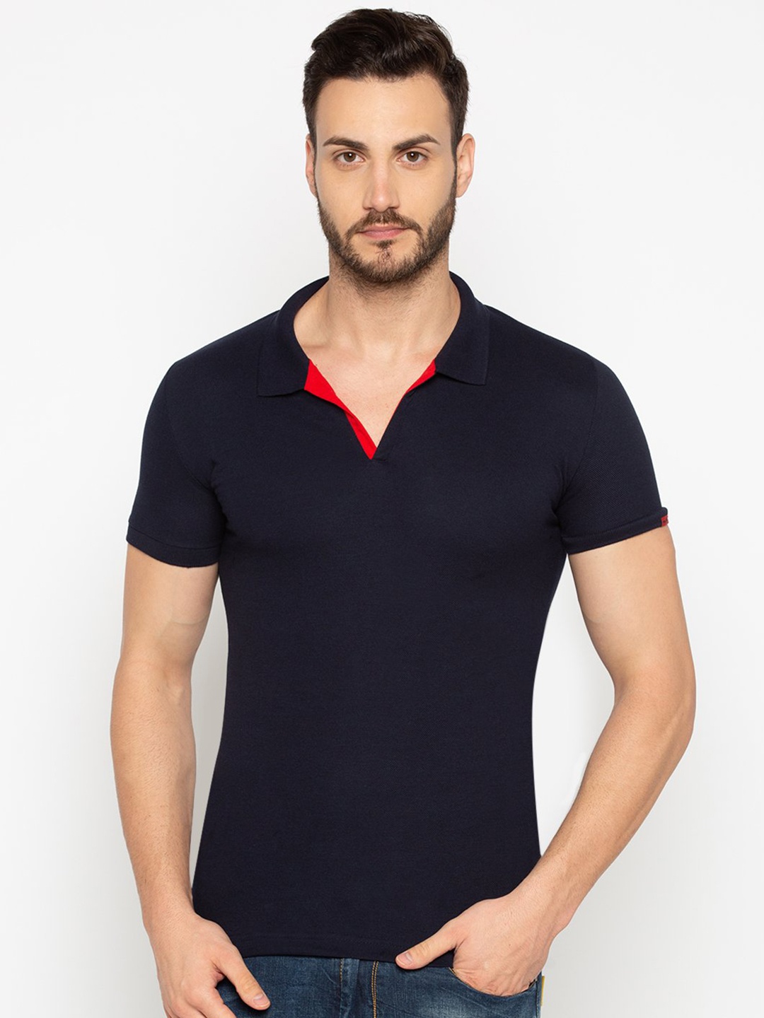 

Status Quo Men Navy Blue Solid Cotton Polo Collar T-shirt