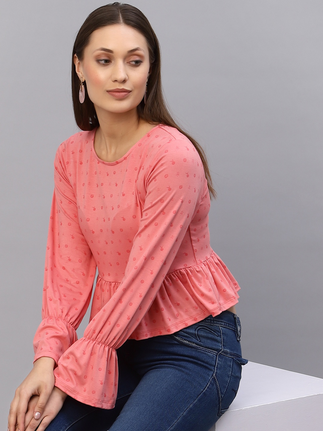 

Rigo Printed Pure Cotton Peplum Top, Peach