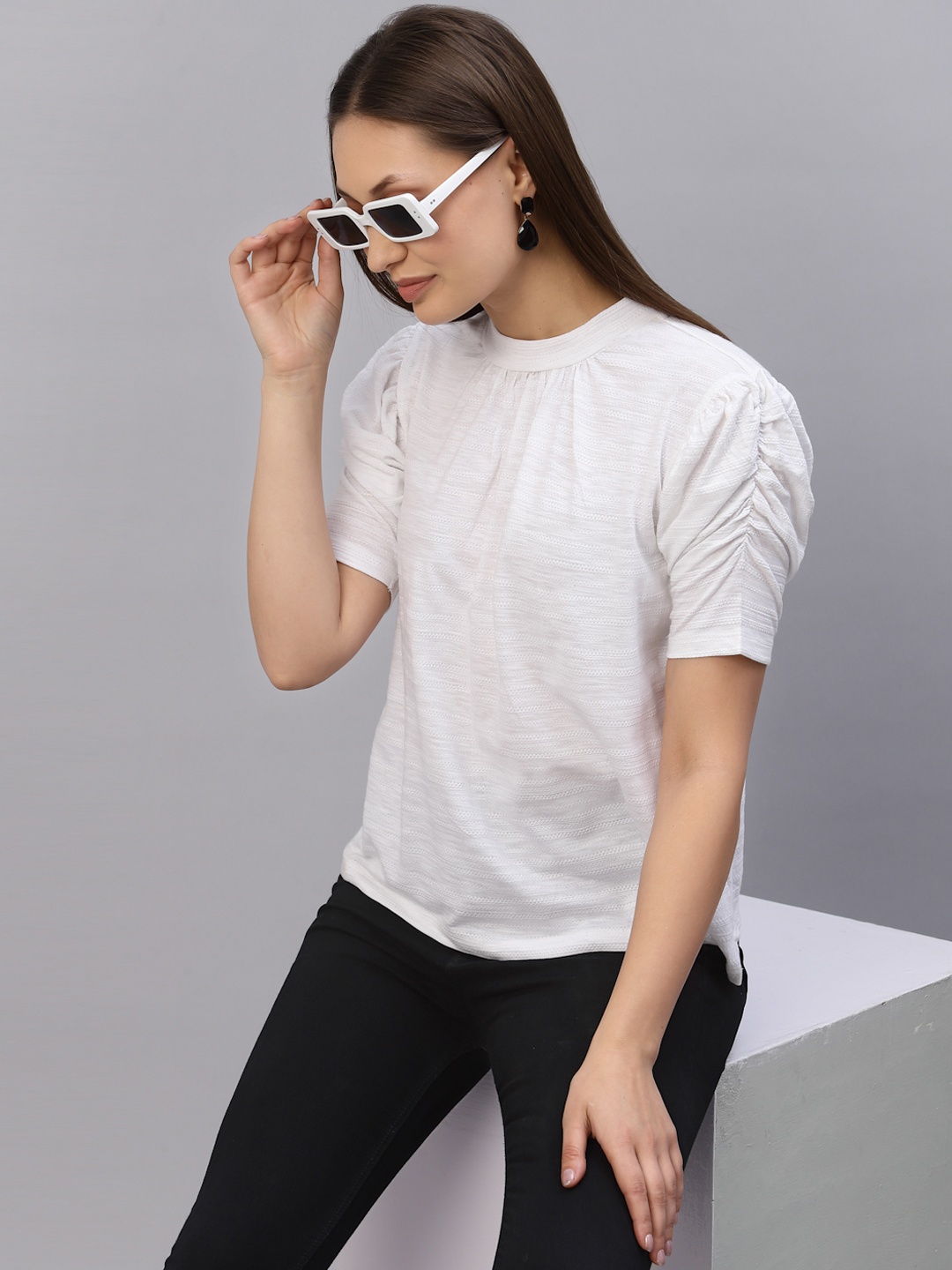 

Rigo Puff Sleeves Round Neck Top, White