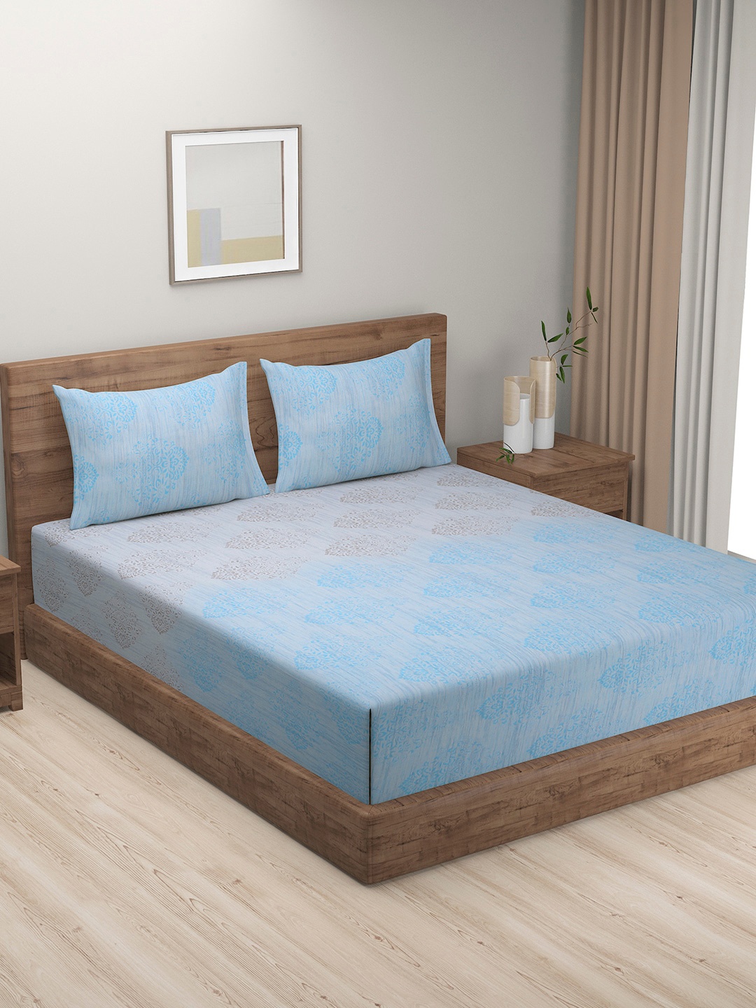 

SWAYAM Blue & Grey Ethnic Motifs 200 TC Queen Bedsheet with 2 Pillow Covers
