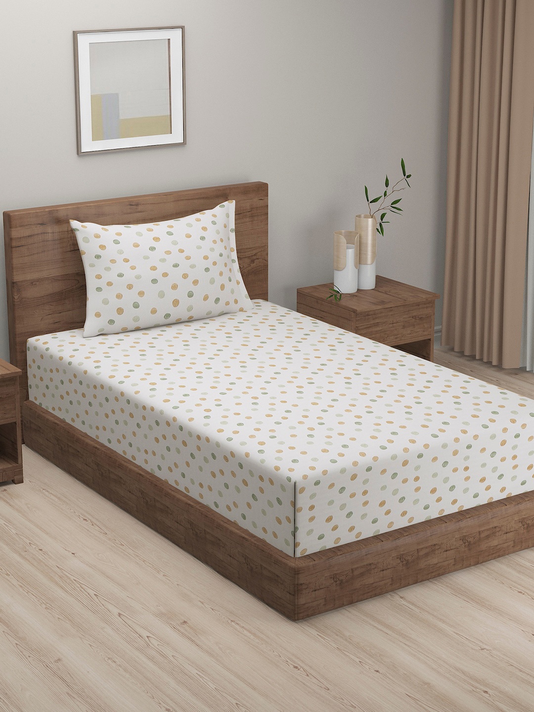 

SWAYAM White & Green Geometric Zinnia 240 TC Single Bedsheet with 2 Pillow Covers