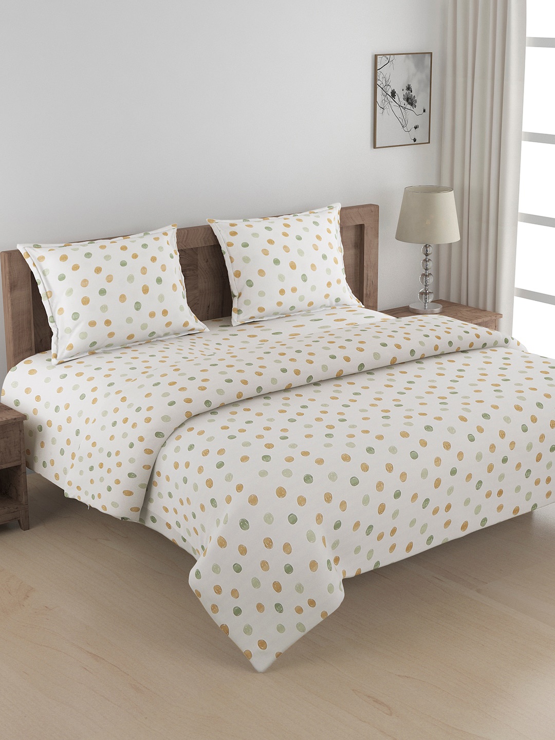 

SWAYAM Off-White & Orange Geometric Design 240 TC Pure Cotton 4 Piece Set