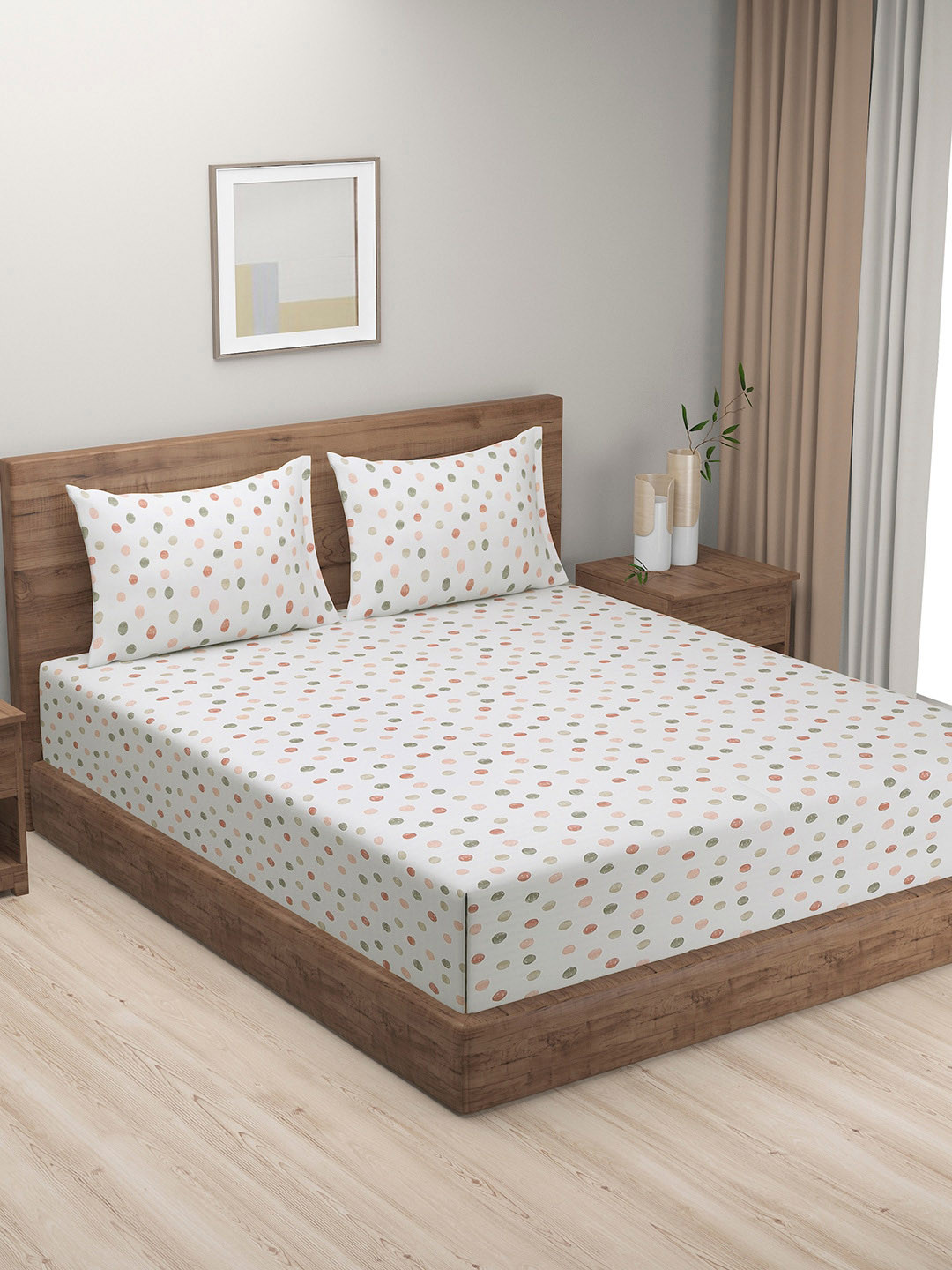 

SWAYAM Green & White TC 240 Geometric Queen Bedsheet with 2 Pillow Cotton Covers