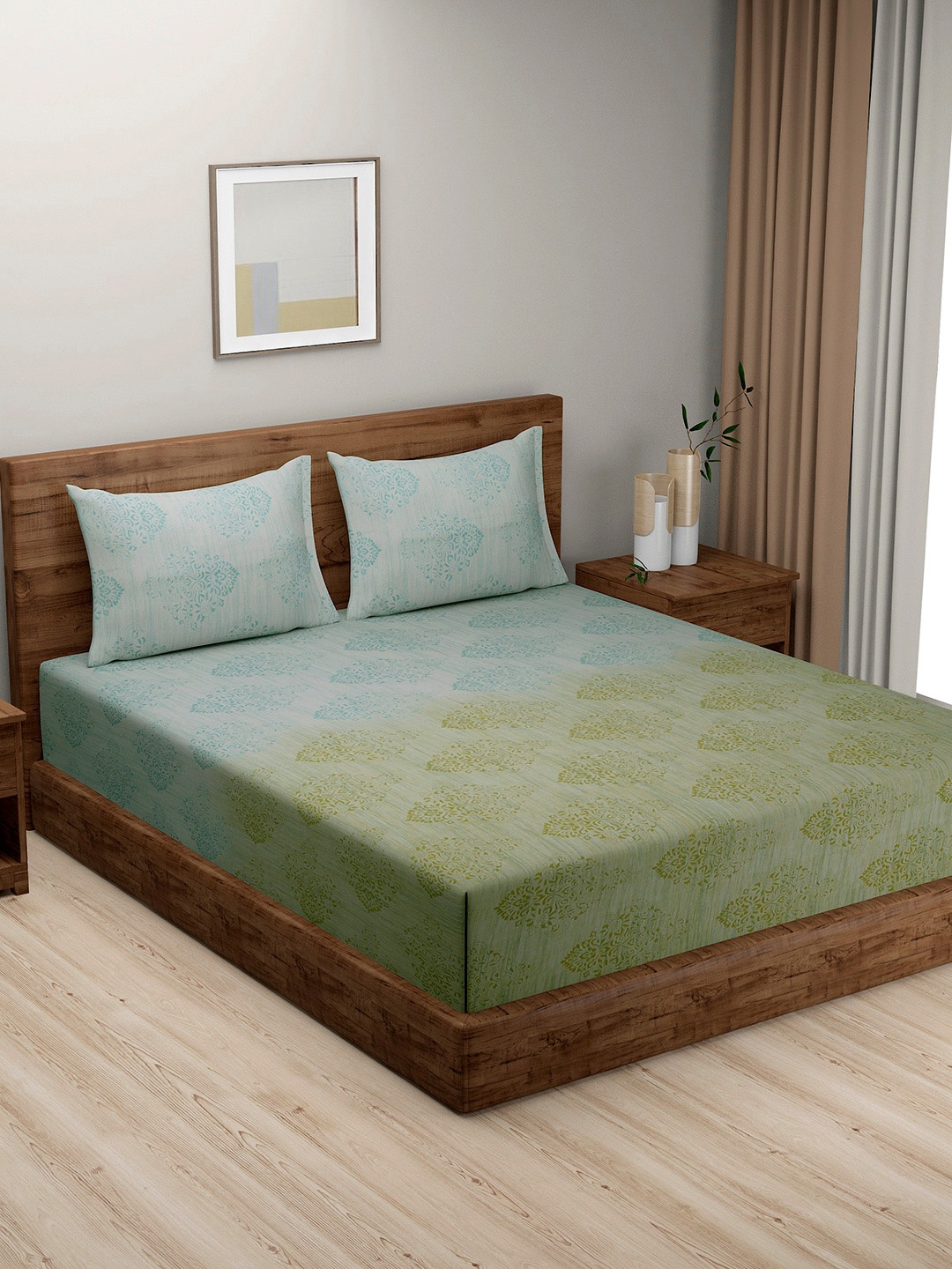 

SWAYAM Green Ethnic Motif 200 TC Cotton Extra Large Double Bedsheet With 2 Pillow Covers