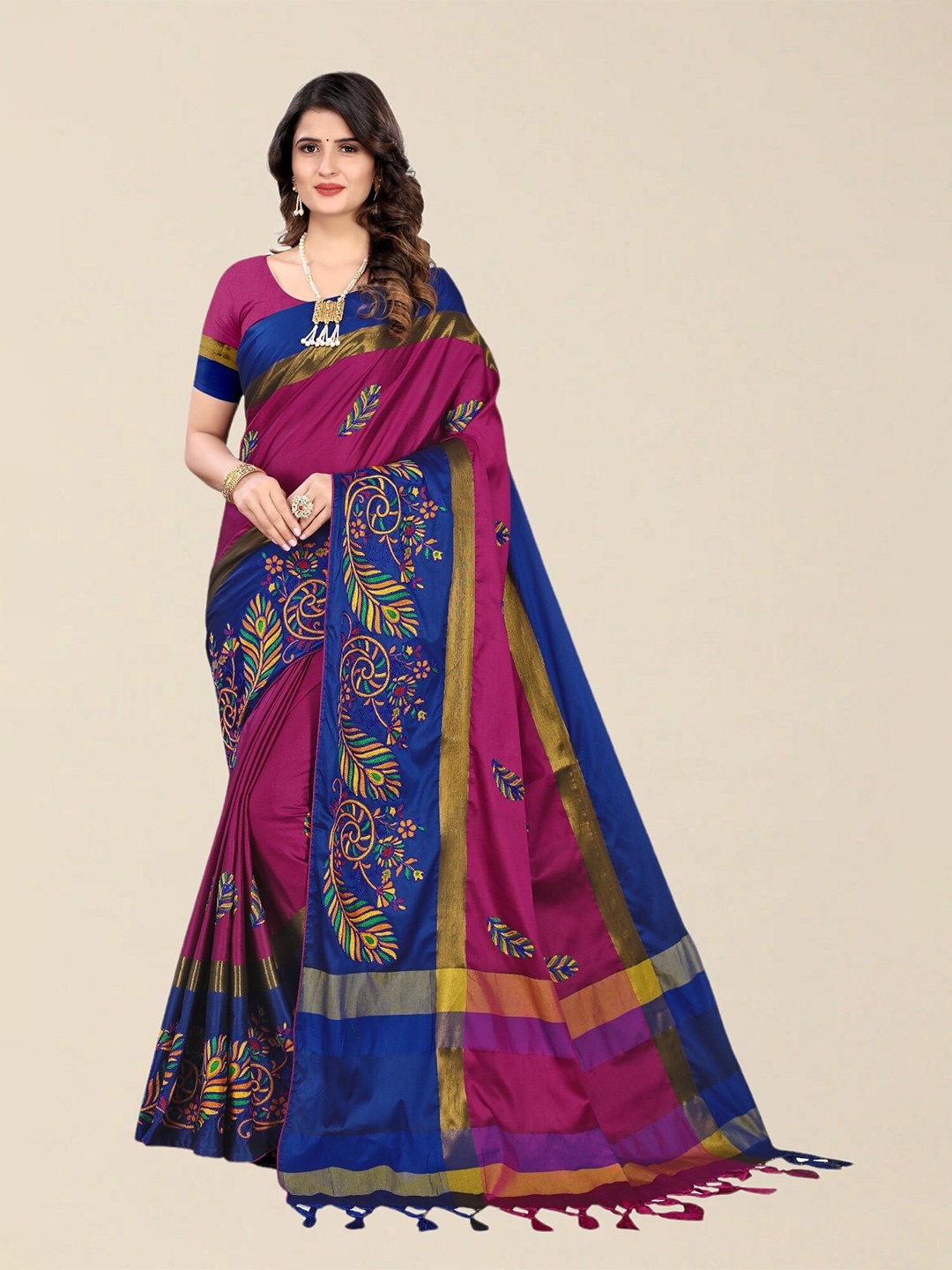 

SERONA FABRICS Pink & Navy Blue Embellished Embroidered Silk Cotton Saree