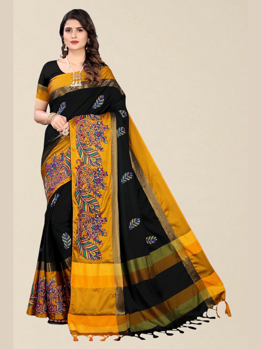 

SERONA FABRICS Black & Yellow Embellished Embroidered Silk Cotton Saree