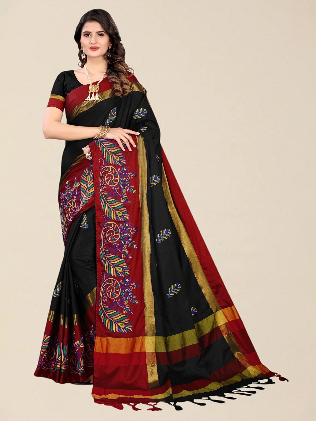 

SERONA FABRICS Black & Red Embellished Embroidered Silk Cotton Saree