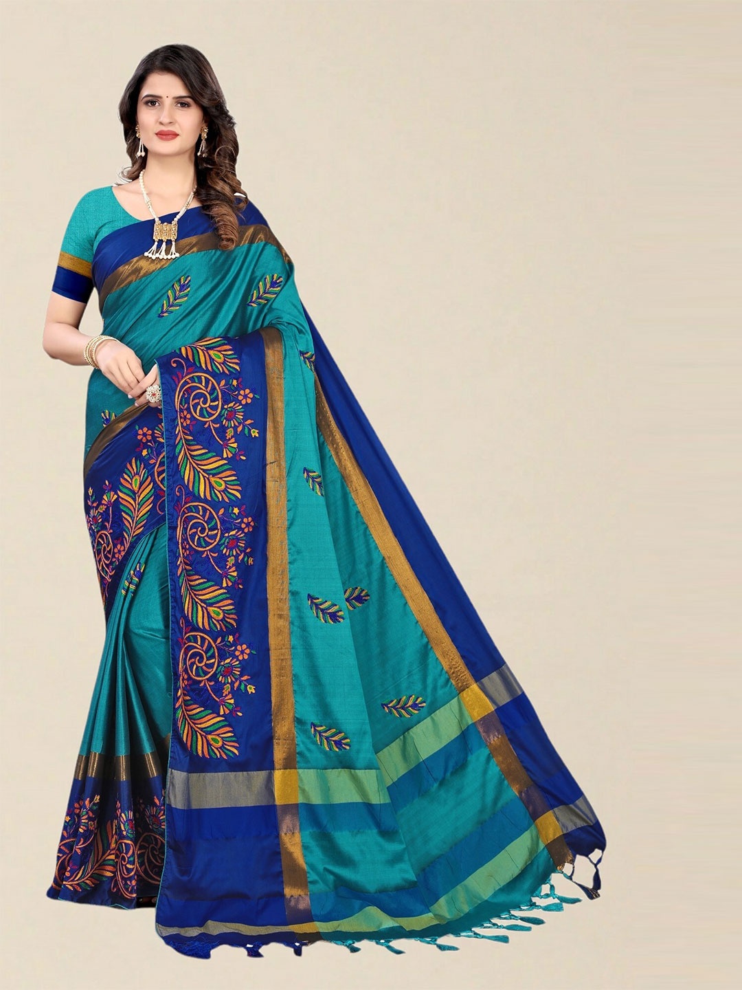 

SERONA FABRICS Turquoise Blue & Blue Embellished Embroidered Silk Cotton Saree