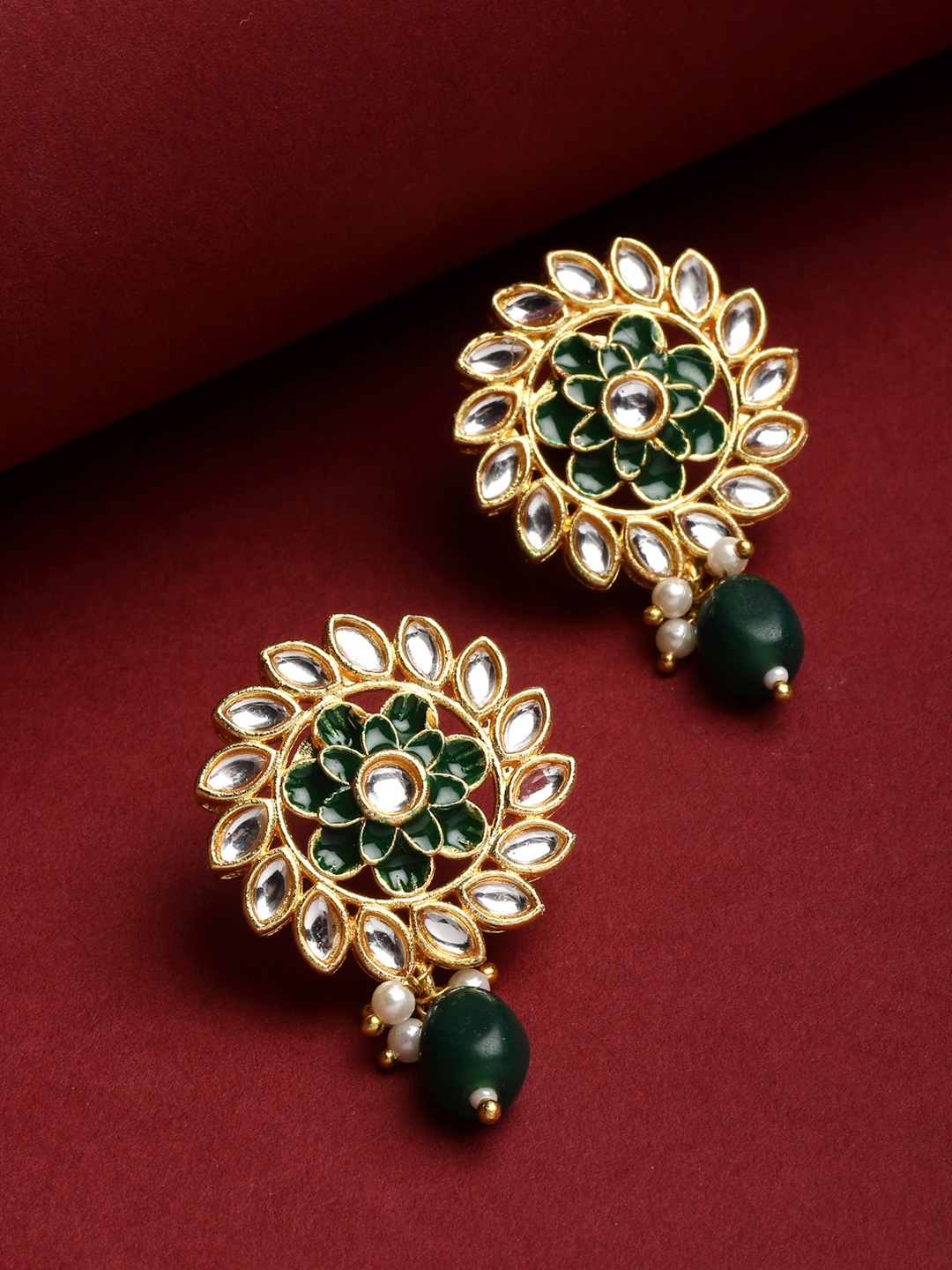 

PANASH Gold-Toned & Green Floral Drop Earrings
