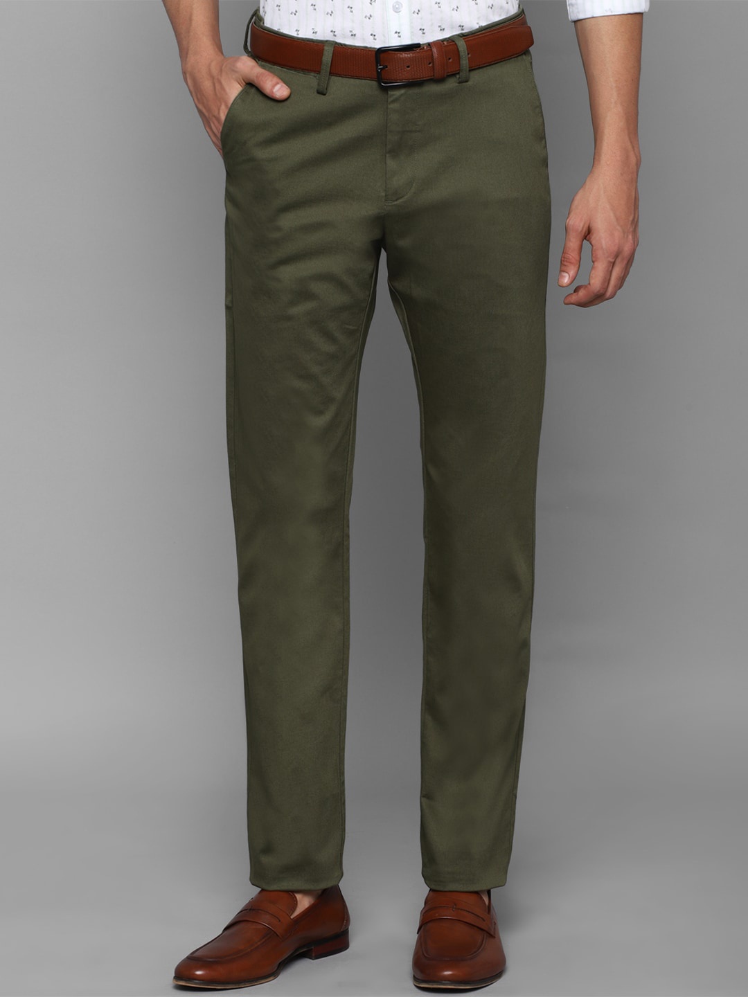 

Allen Solly Men Olive Green Textured Regular Trousers