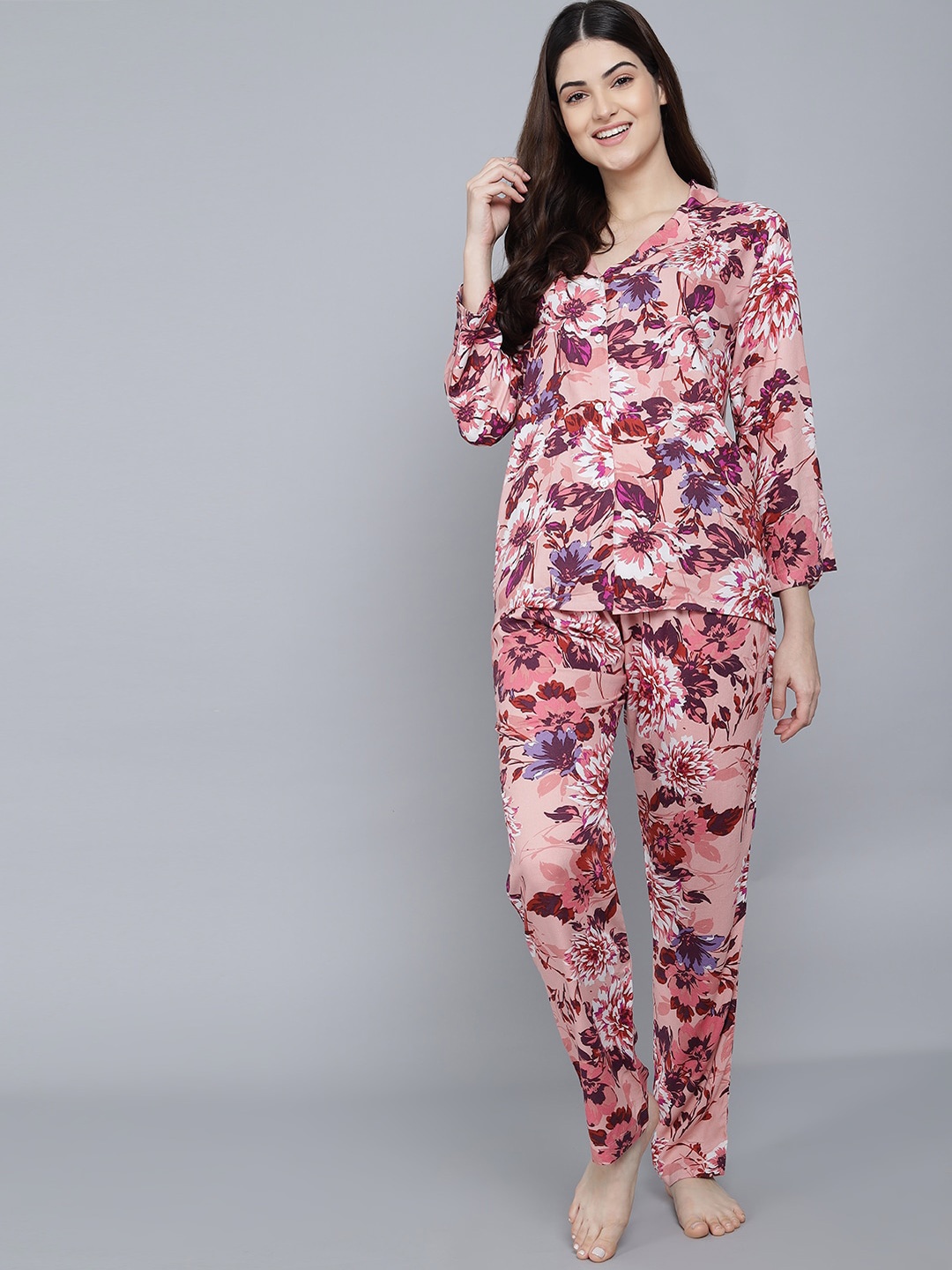

SEPHANI Women Pink & White Printed Night suit