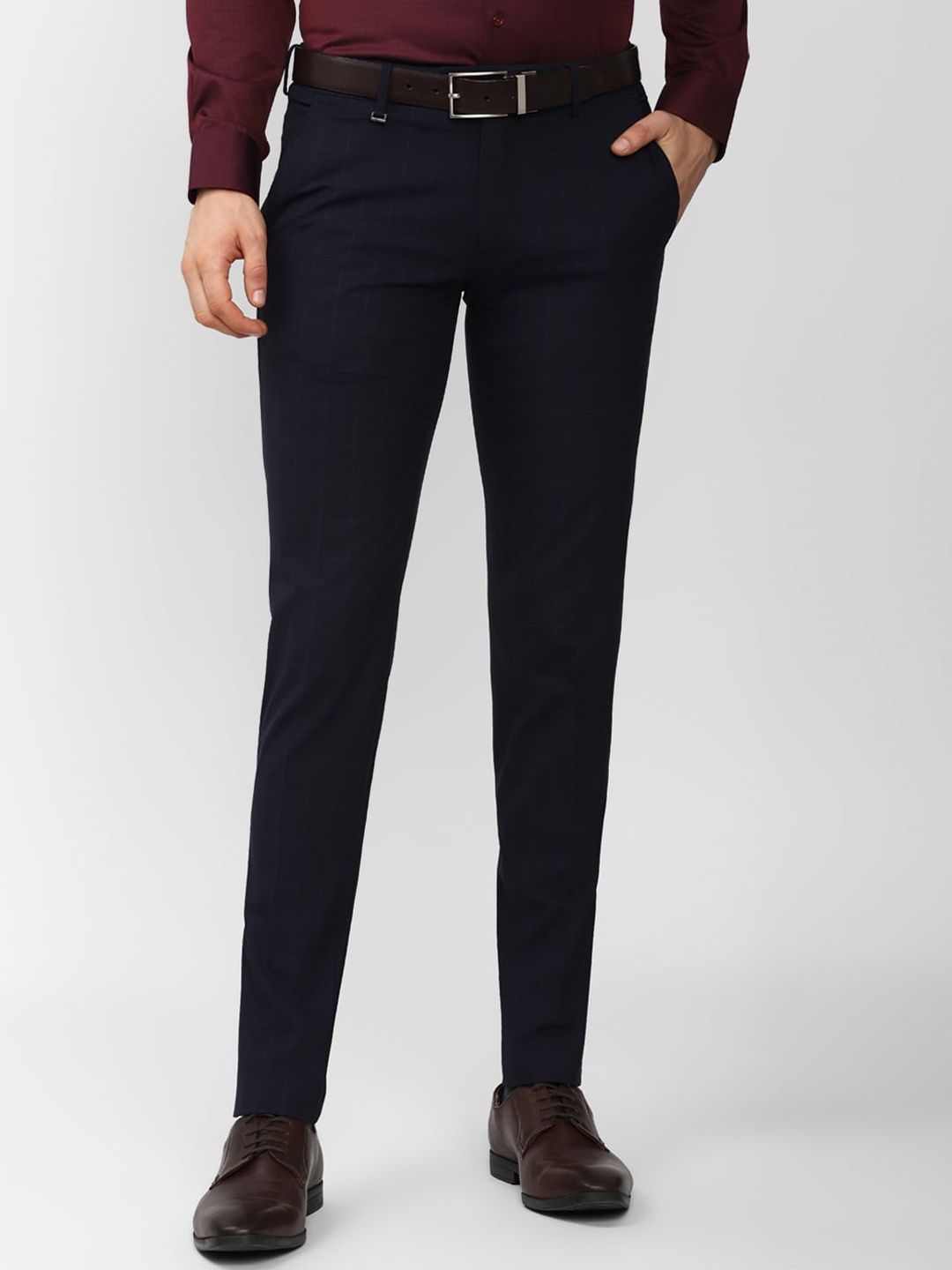 

Van Heusen Men Navy Blue Checked Slim Fit Trousers