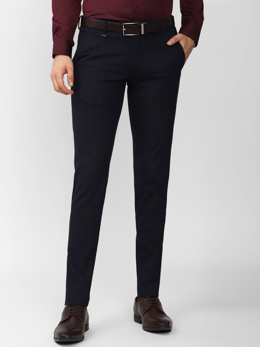 

Van Heusen Men Navy Blue Checked Slim Fit Trousers