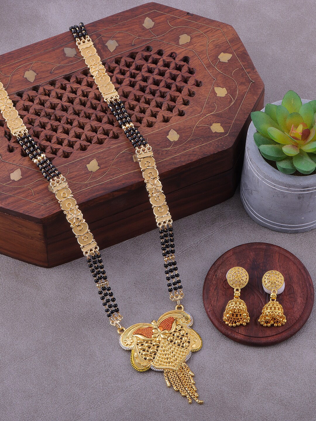 

Brandsoon Gold-Plated & Black Beaded Mangalsutra With Earrings