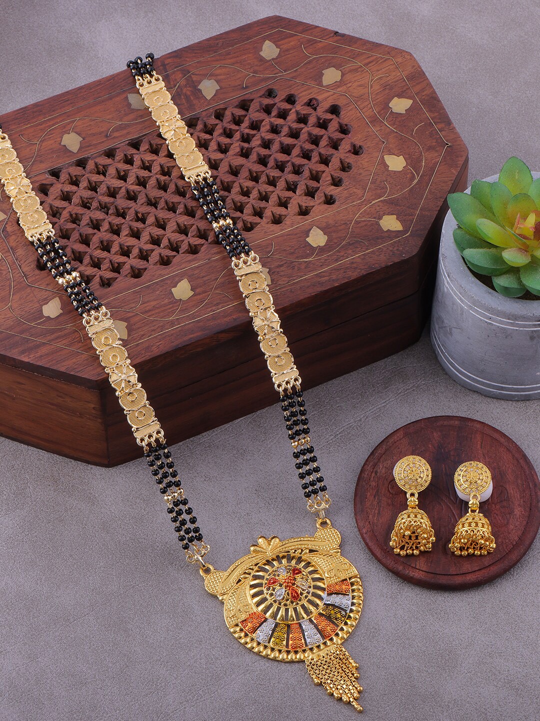 

Brandsoon Gold-Plated Black Beaded Mangalsutra WIth Earrings