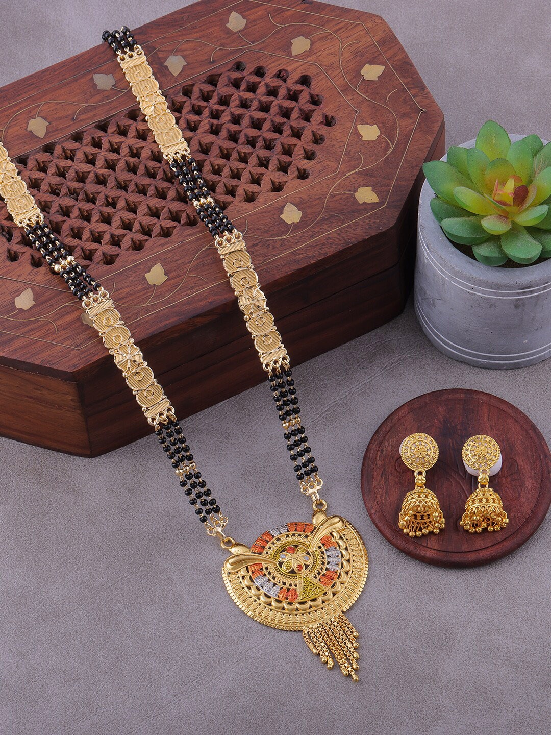 

Brandsoon Gold-Plated Gold Beaded Mangalsutra With Earring