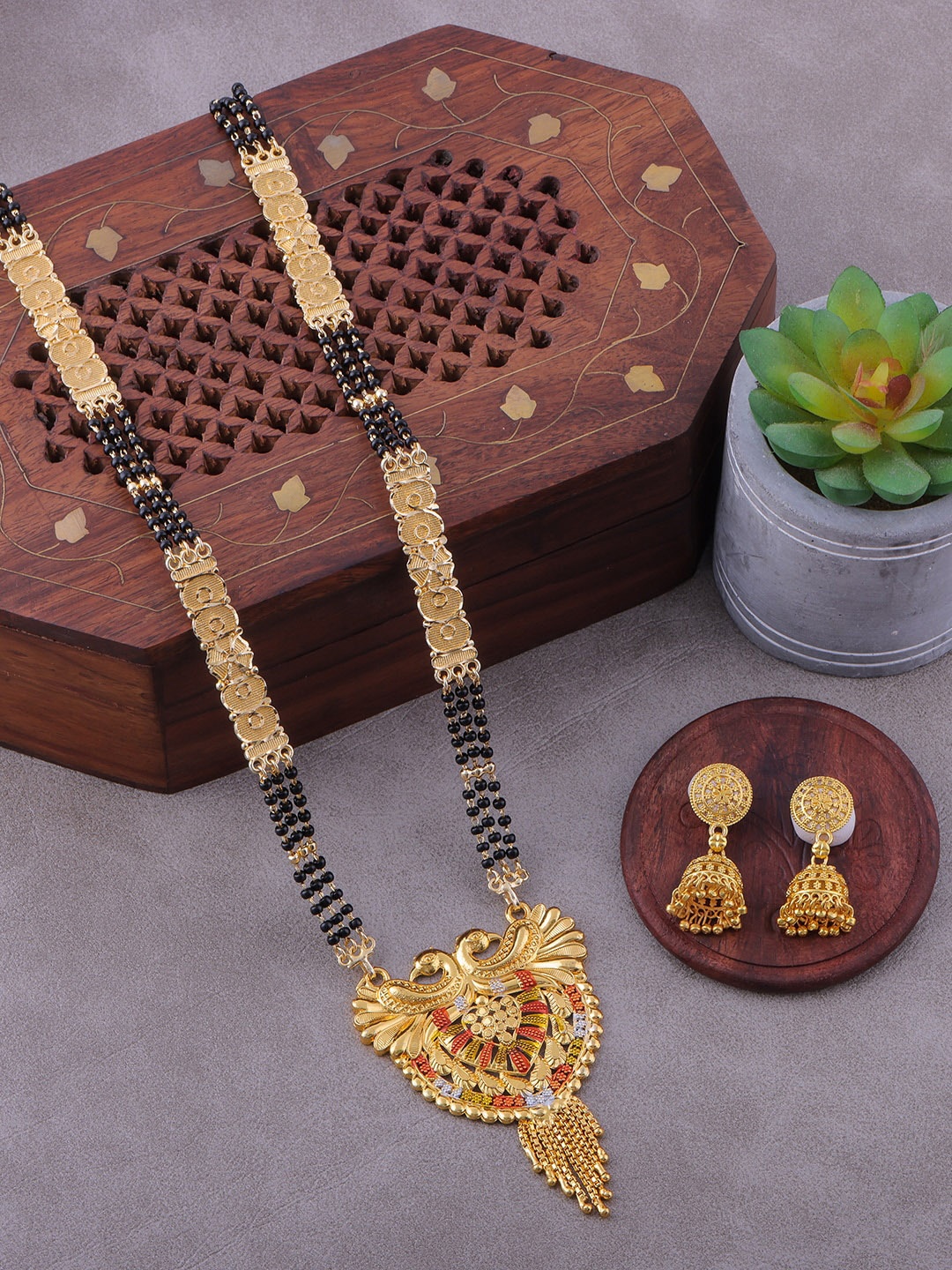 

Brandsoon Black Gold-Plated Beaded Mangalsutra With Earring