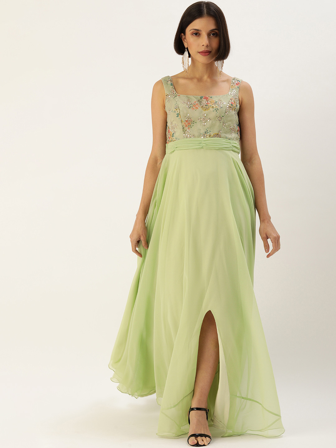 

Ethnovog Green Red Made to Measure Embellished Embroidered Georgette Maxi Dress