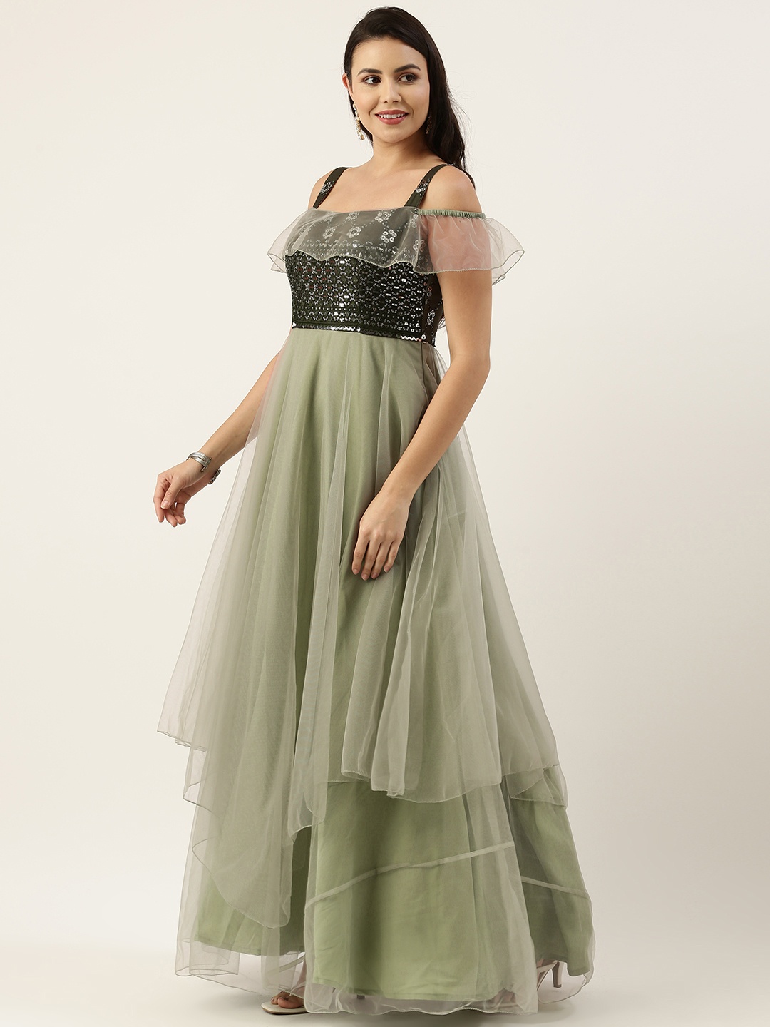 

Ethnovog Green Embellished Net Layered Net Maxi Dress