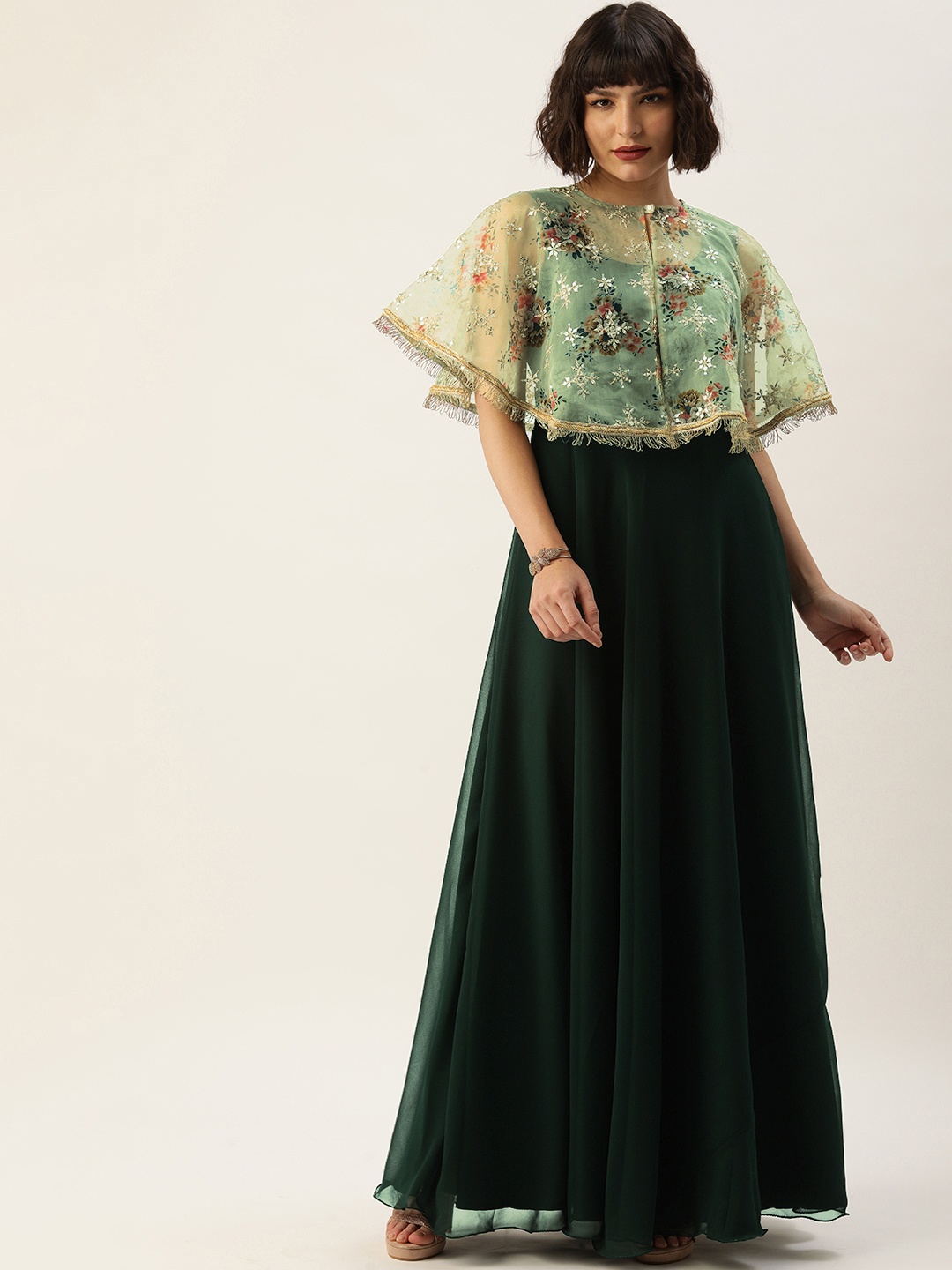 

Ethnovog Green Made To Measure Maxi Dress With Organza Cape