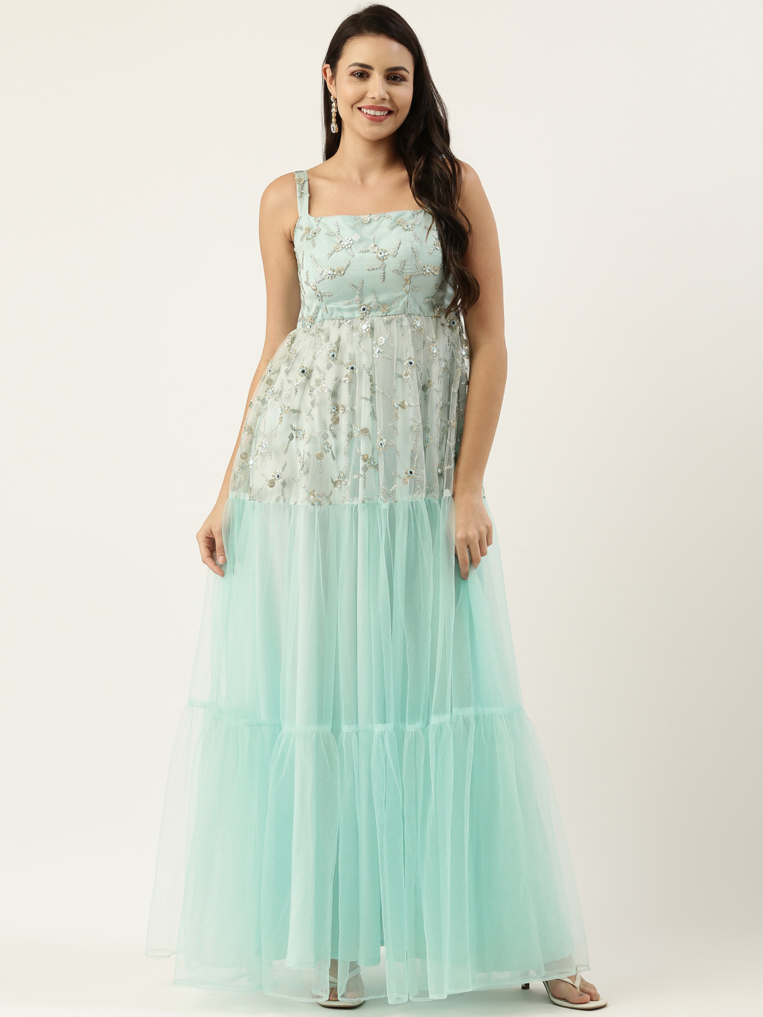 

Ethnovog Blue Embellished Net Maxi Dress