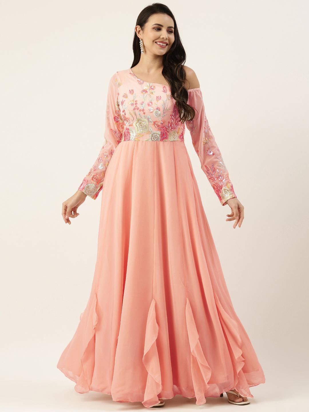 

Ethnovog Peach-Coloured Floral Embroidered Off-Shoulder Georgette Maxi Dress