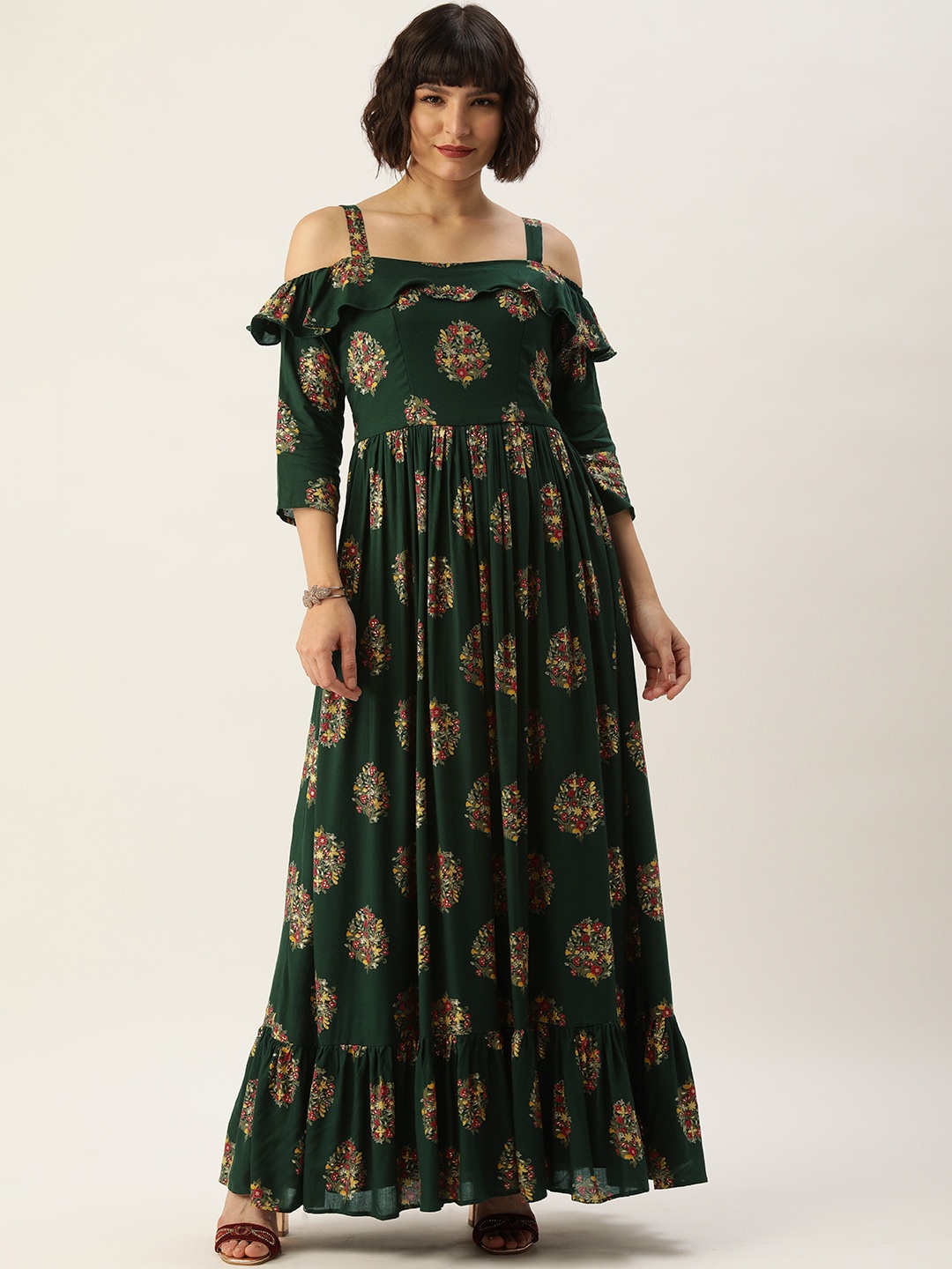 

Ethnovog Green Red Ethnic Motifs Made To Measure A-Line Maxi Dress