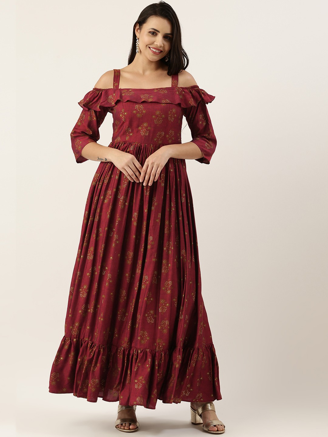 

Ethnovog Maroon Ethnic Motifs Printed Layered Maxi Dress