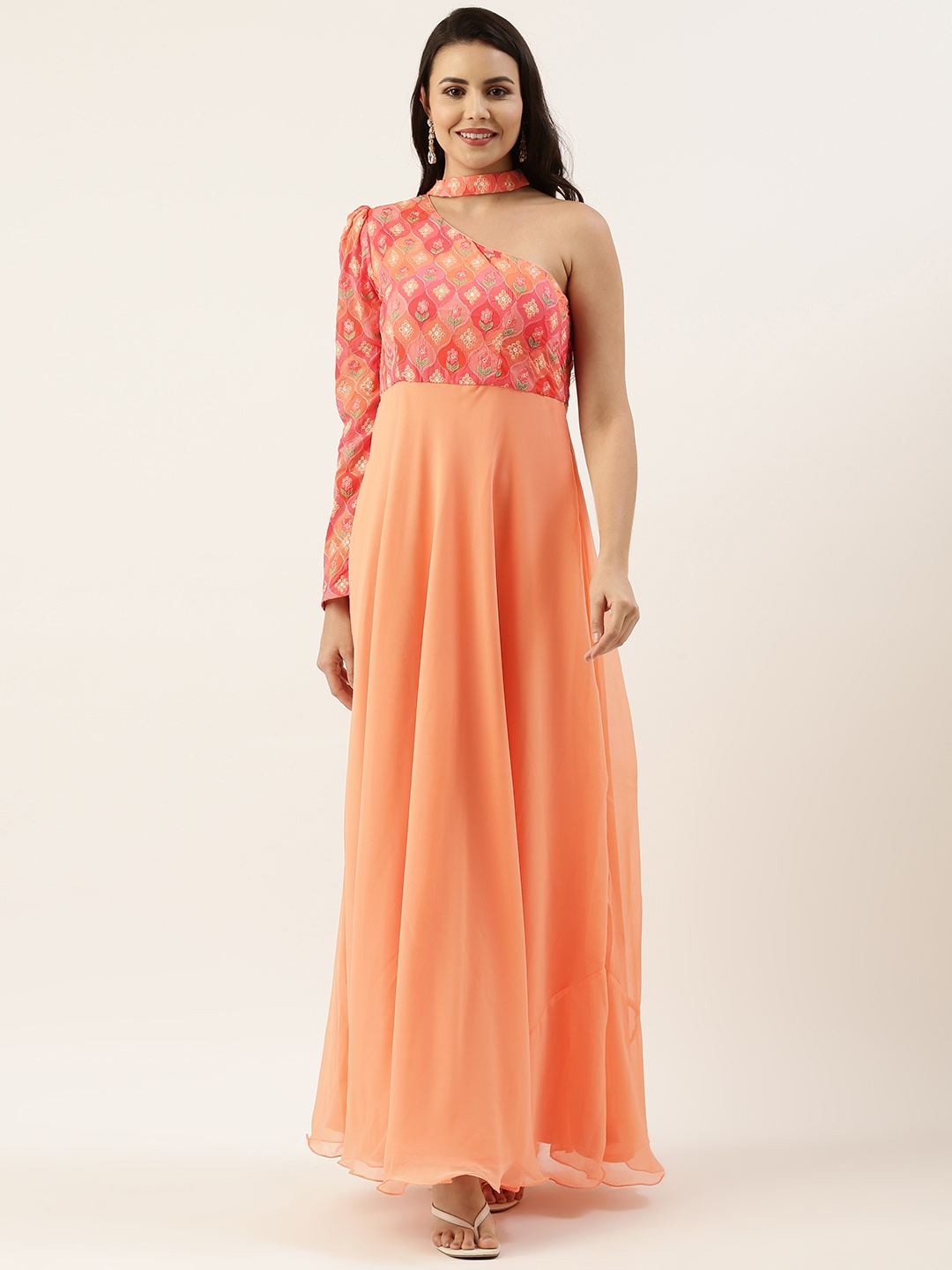 

Ethnovog Peach-Coloured Ethnic Motifs Embroidered One Shoulder Georgette A-Line Maxi Dress