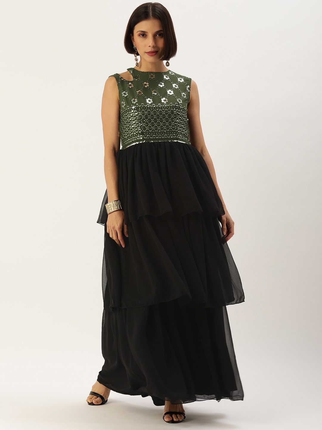 

Ethnovog Black Green Made To Measure Ethnic Motifs Embroidered Layered A-Line Dress