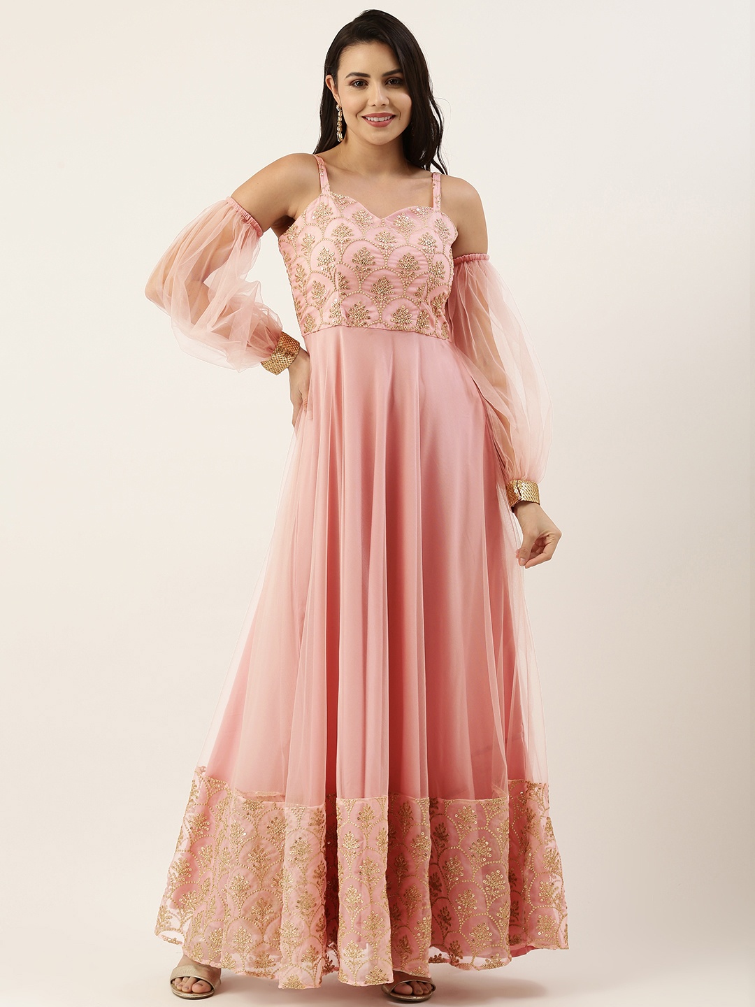 

Ethnovog Pink Ethnic Motifs Embroidered Detachable Sleeves Maxi Dress