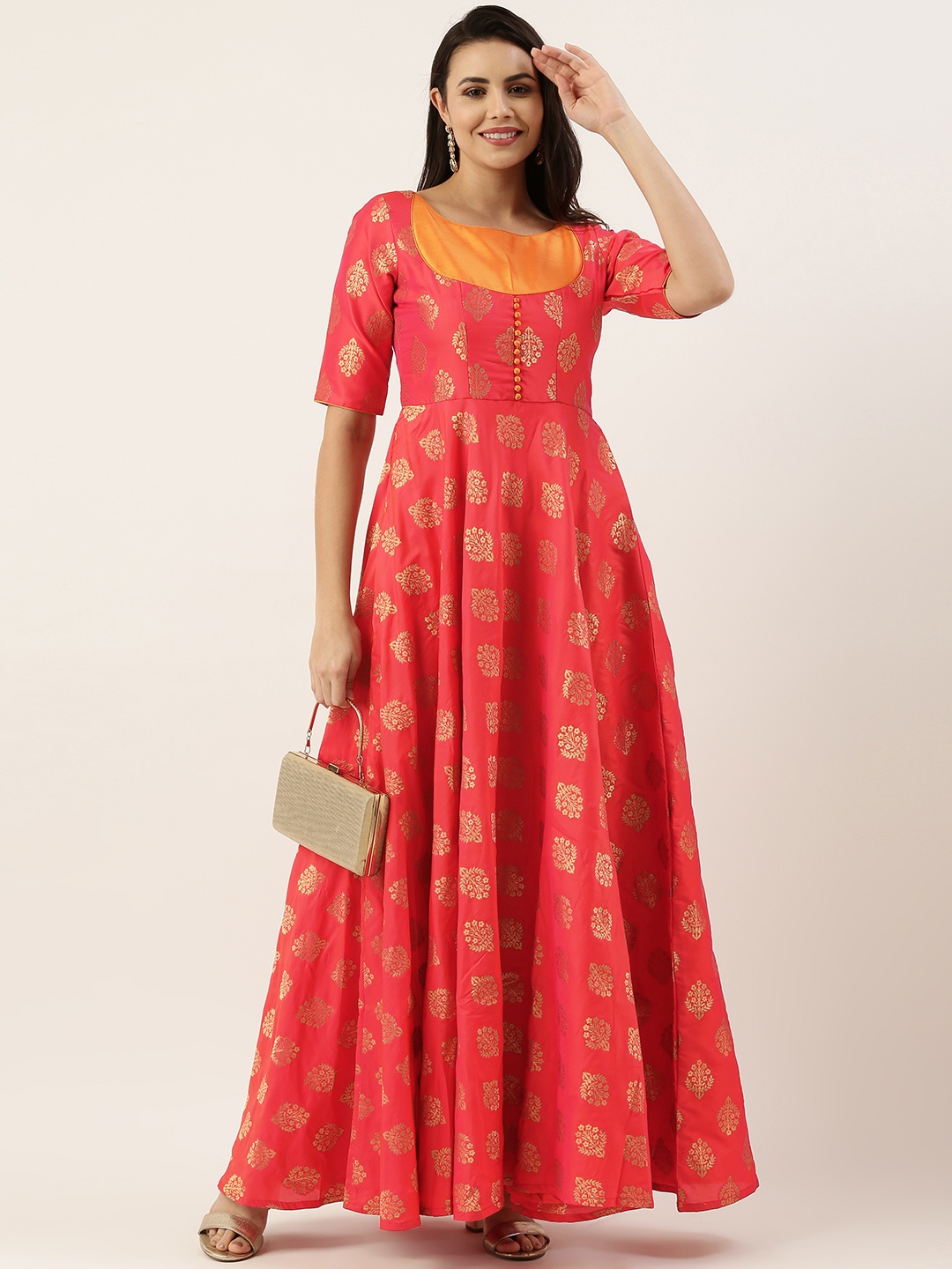 Ethnovog Coral Red Orange Ethnic Motifs Ethnic A-Line Maxi Dress