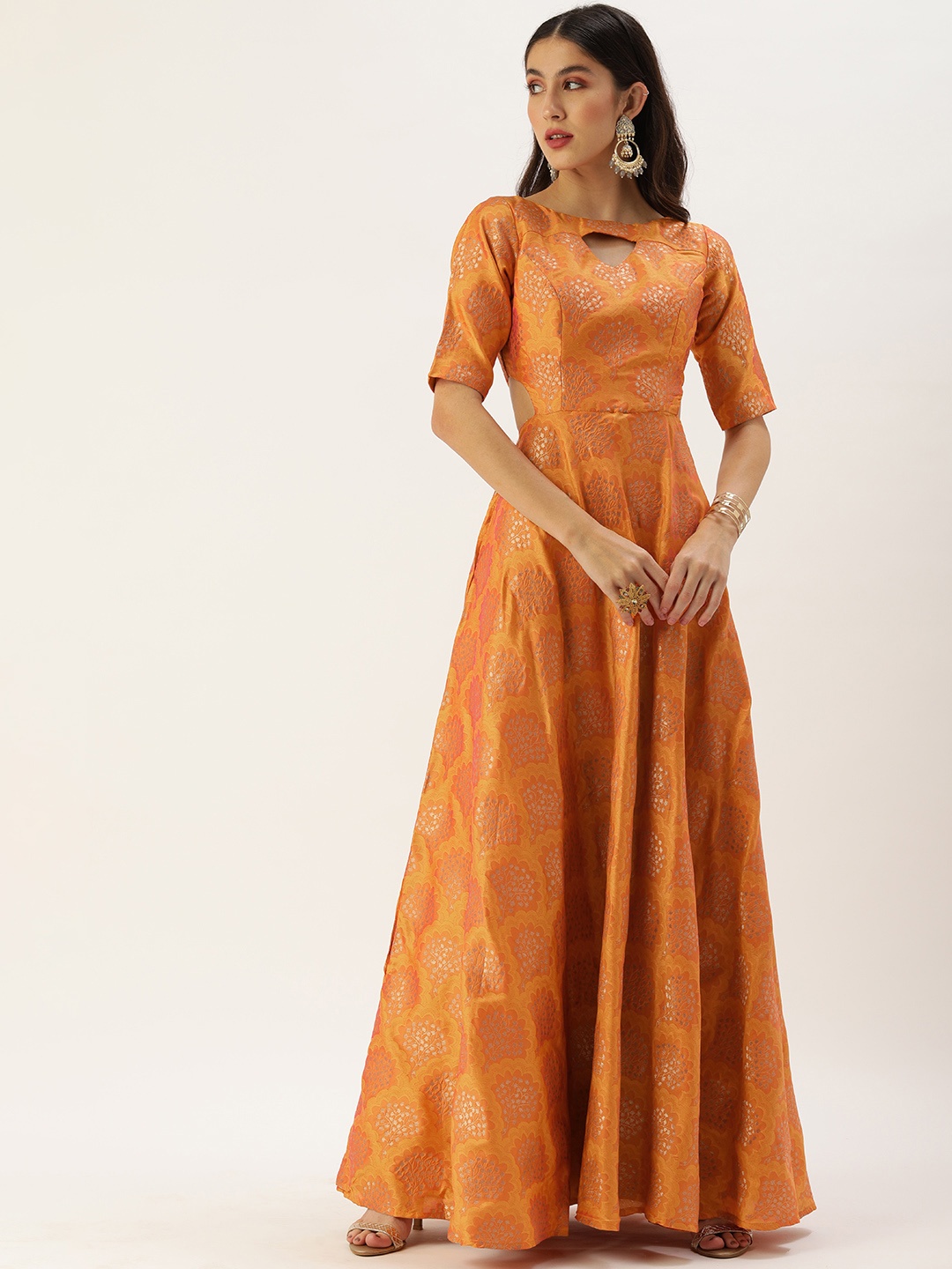 

Ethnovog Mustard Yellow Made To Measure Ethnic Motifs Woven Design A-Line Maxi Dress