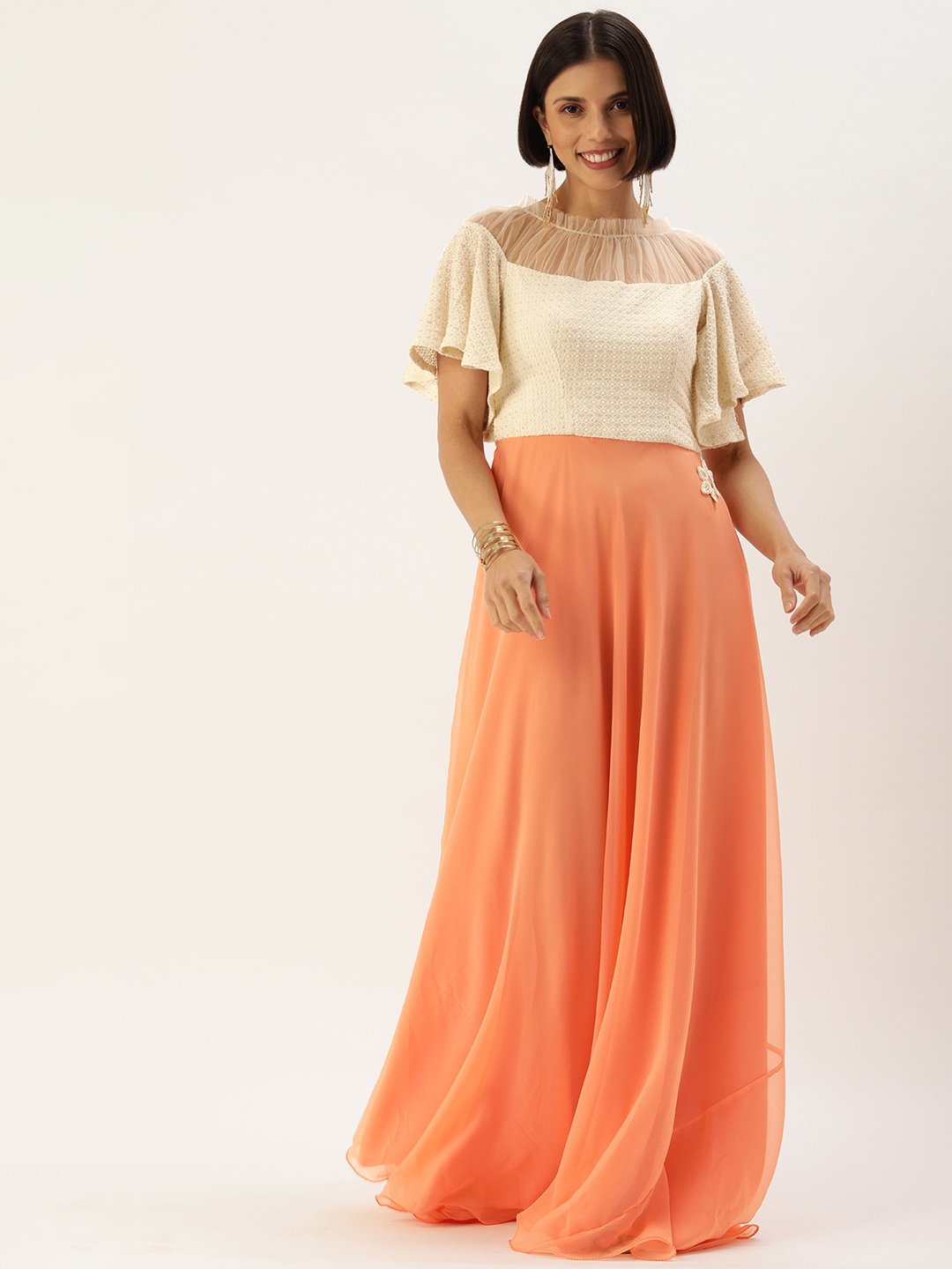 

Ethnovog Peach-Coloured Cream-Coloured Made To Measure Ethnic Motifs A-Line Maxi Dress