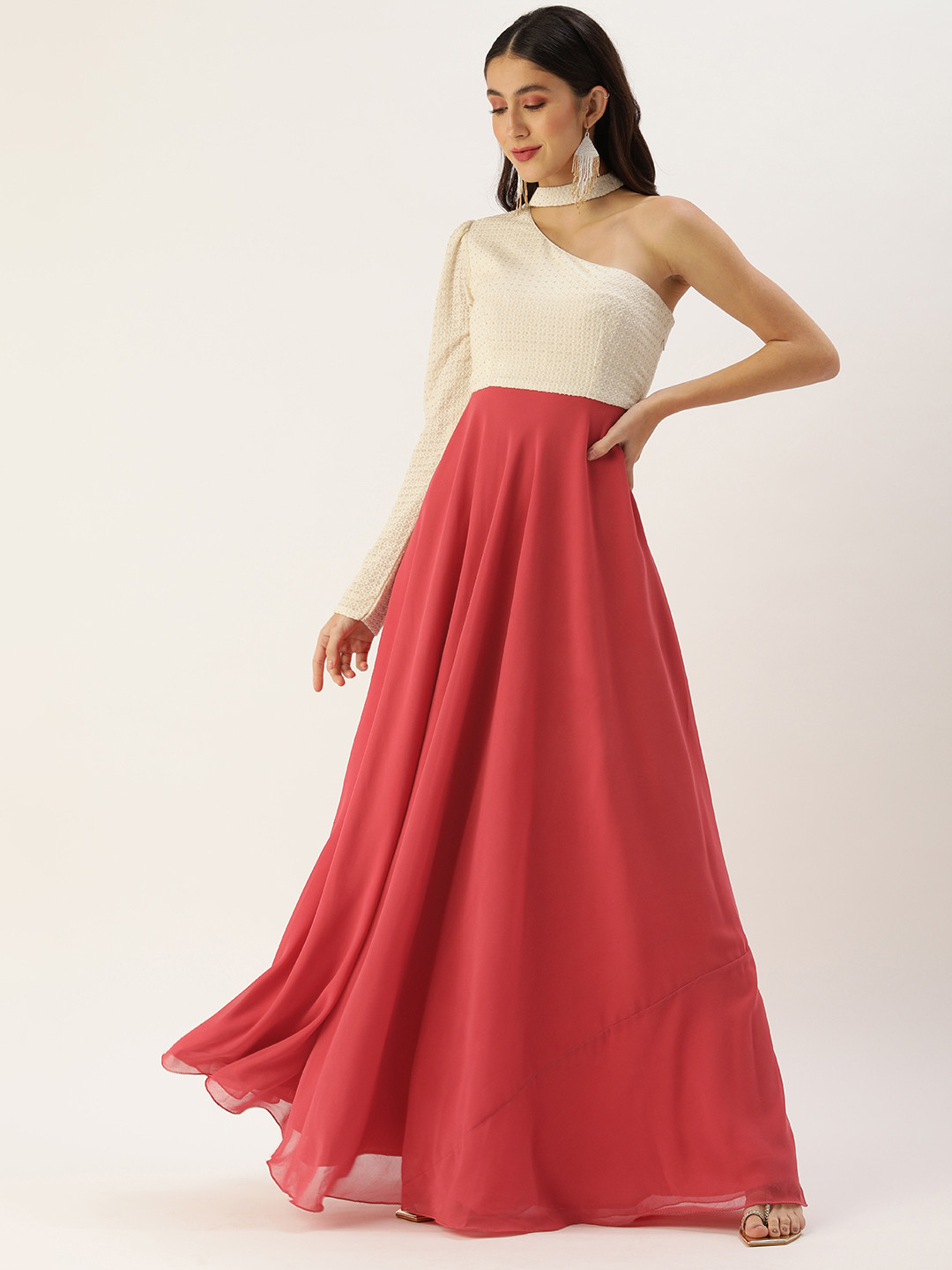 

Ethnovog Pink White Made To Measure Ethnic Motifs One Shoulder A-Line Maxi Dress