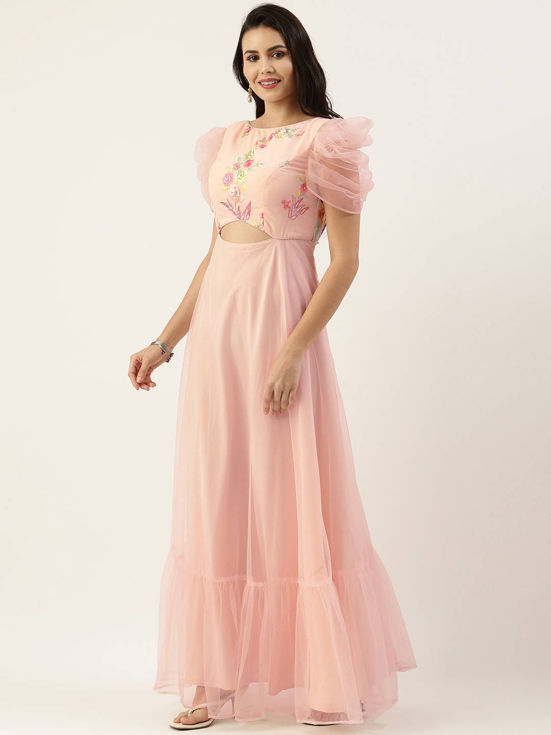 

Ethnovog Pink Floral Embroidered Net Puff Sleeves Cut Out Detail Maxi Dress