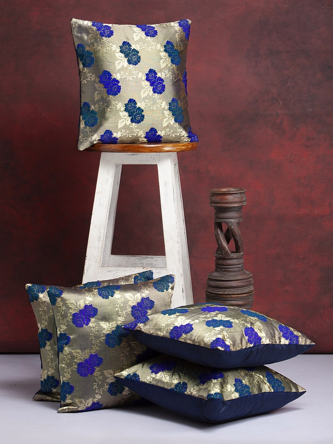 

Alina decor Blue & Gold-Toned Set of 5 Floral Square Cushion Covers