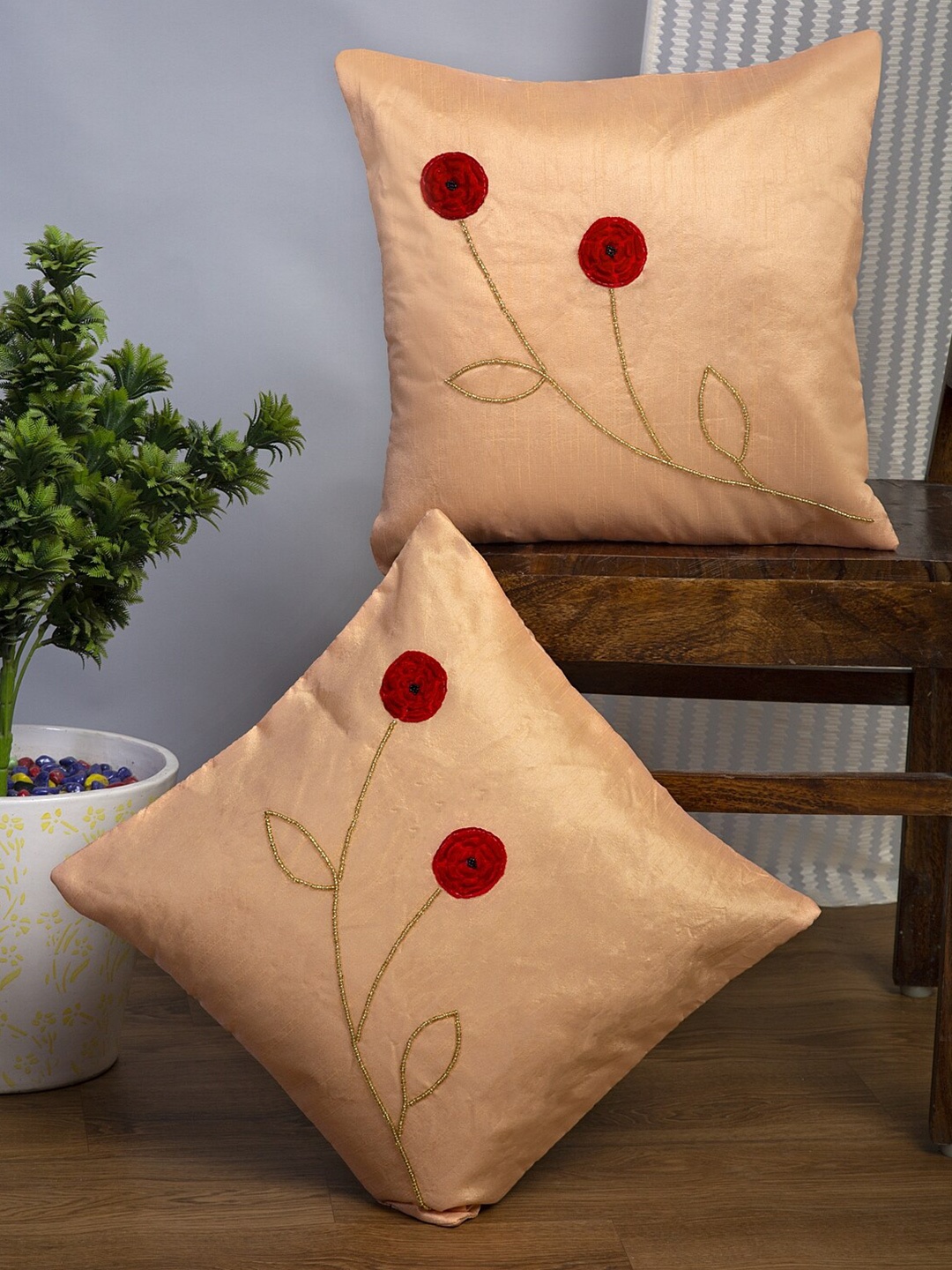 Alina decor Peach & Maroon Set of 2 Floral Cushion Covers