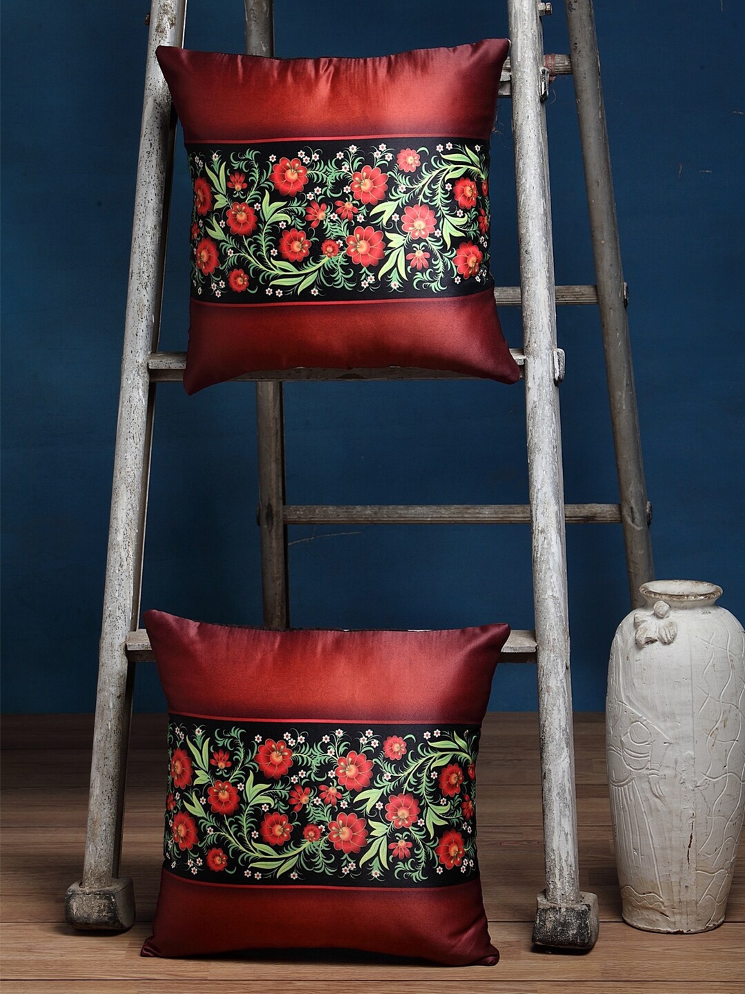 

Alina decor Brown & Green Set of 2 Floral Square Cushion Covers