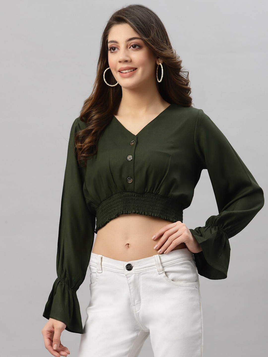 

Style Quotient Olive Green Blouson Crop Top