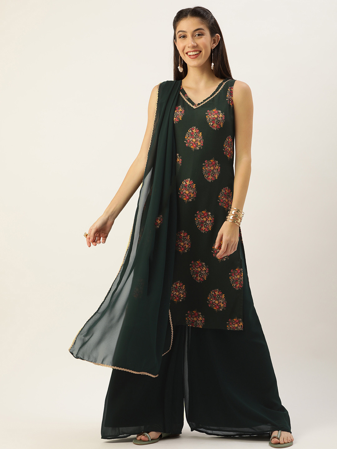 

Ethnovog Women Green Floral Printed Kurta with Palazzos With Dupatta